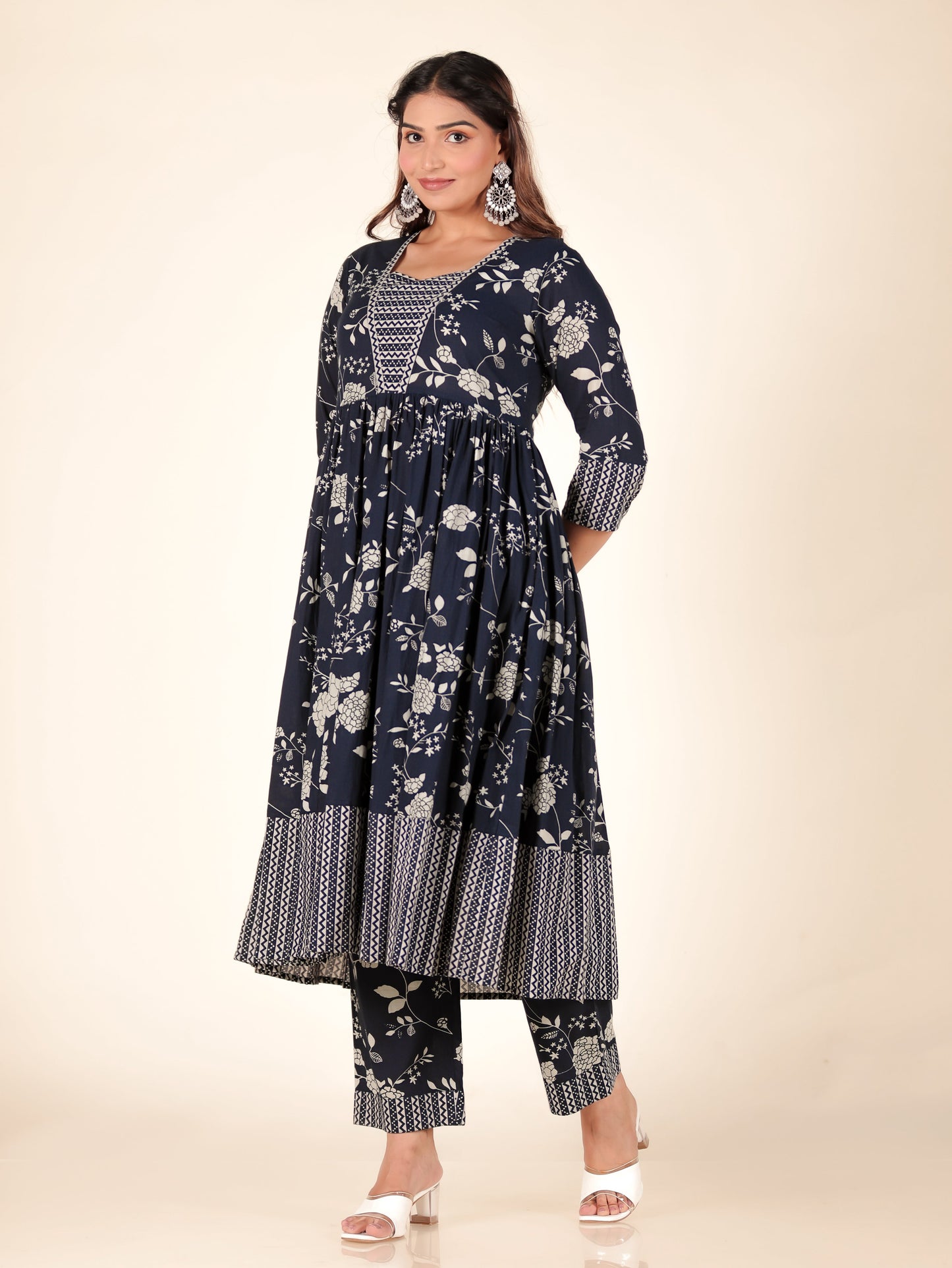Soft Cotton Floral Anarkali Blue Kurta