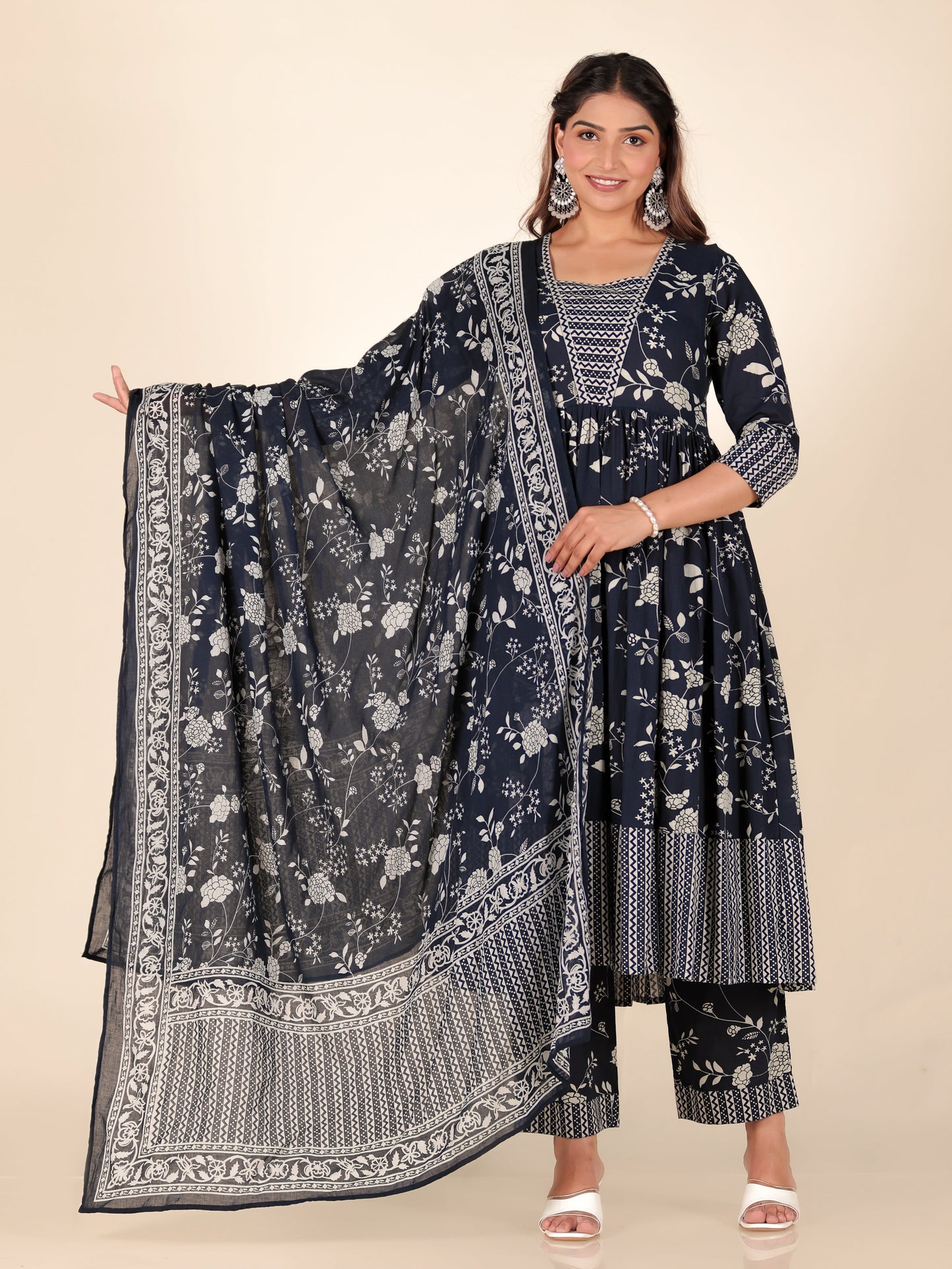 Soft Cotton Floral Anarkali Blue Kurta