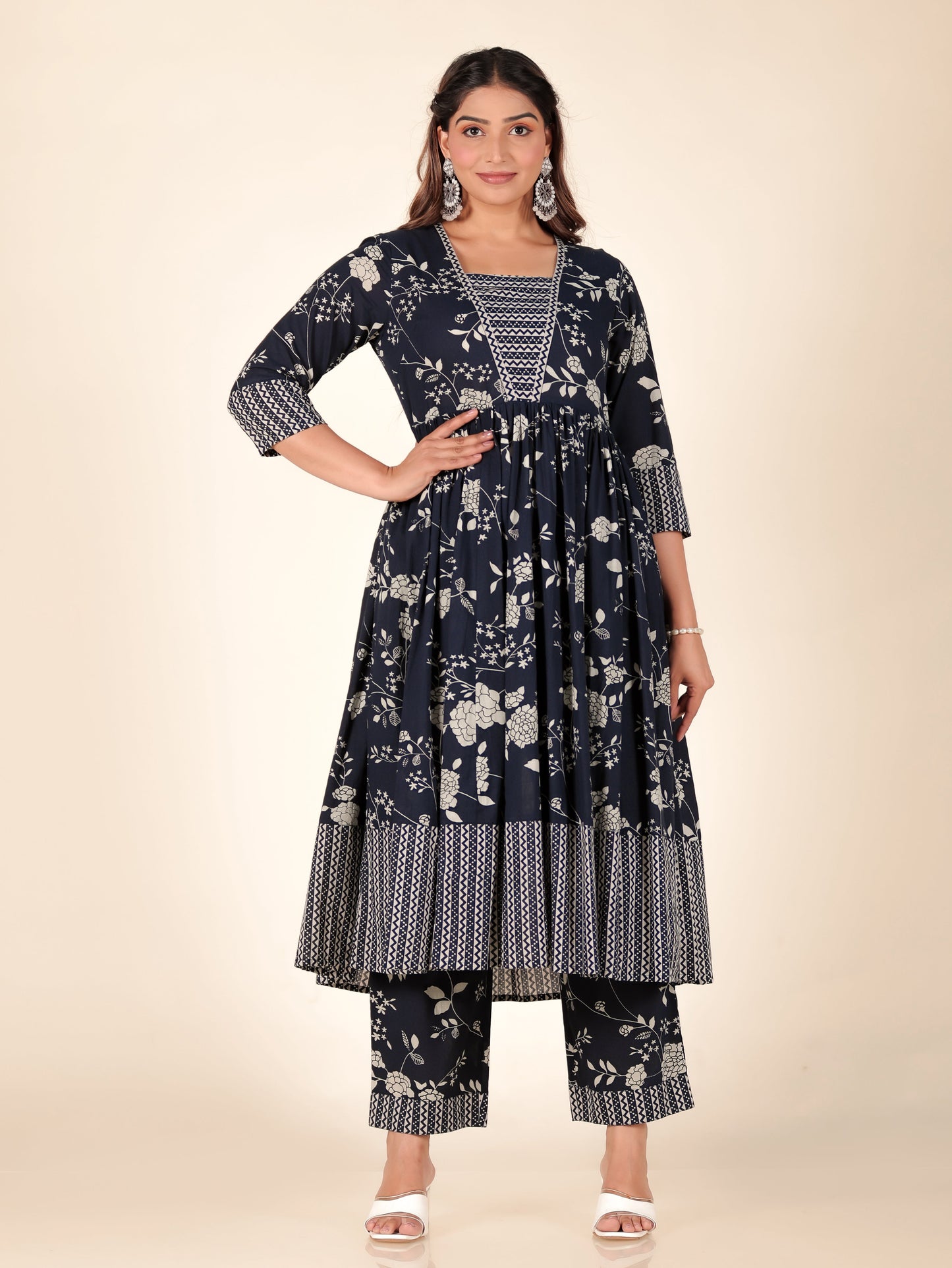 Soft Cotton Floral Anarkali Blue Kurta