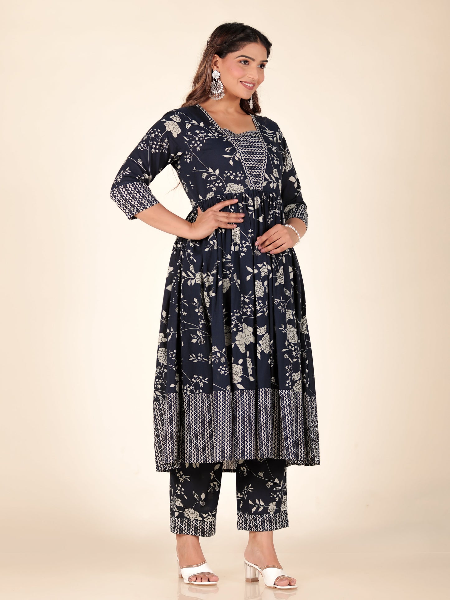 Soft Cotton Floral Anarkali Blue Kurta