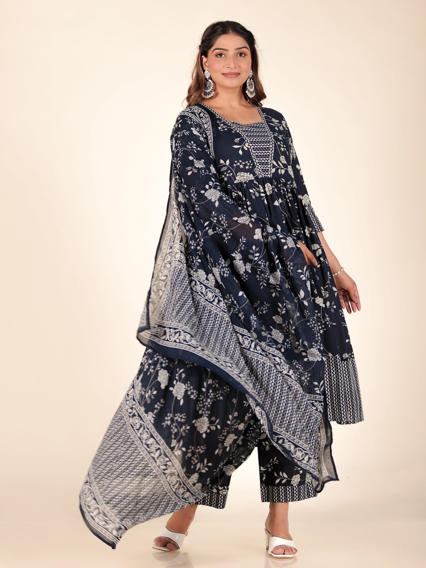 Soft Cotton Floral Anarkali Blue Kurta