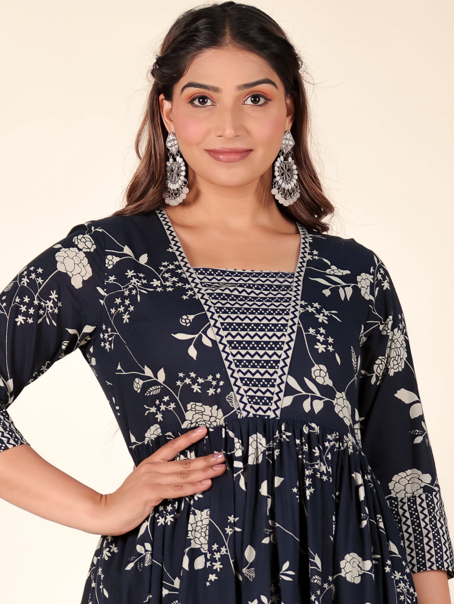 Soft Cotton Floral Anarkali Blue Kurta