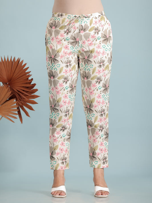 Linen Cotton Floral White Tapered Trousers