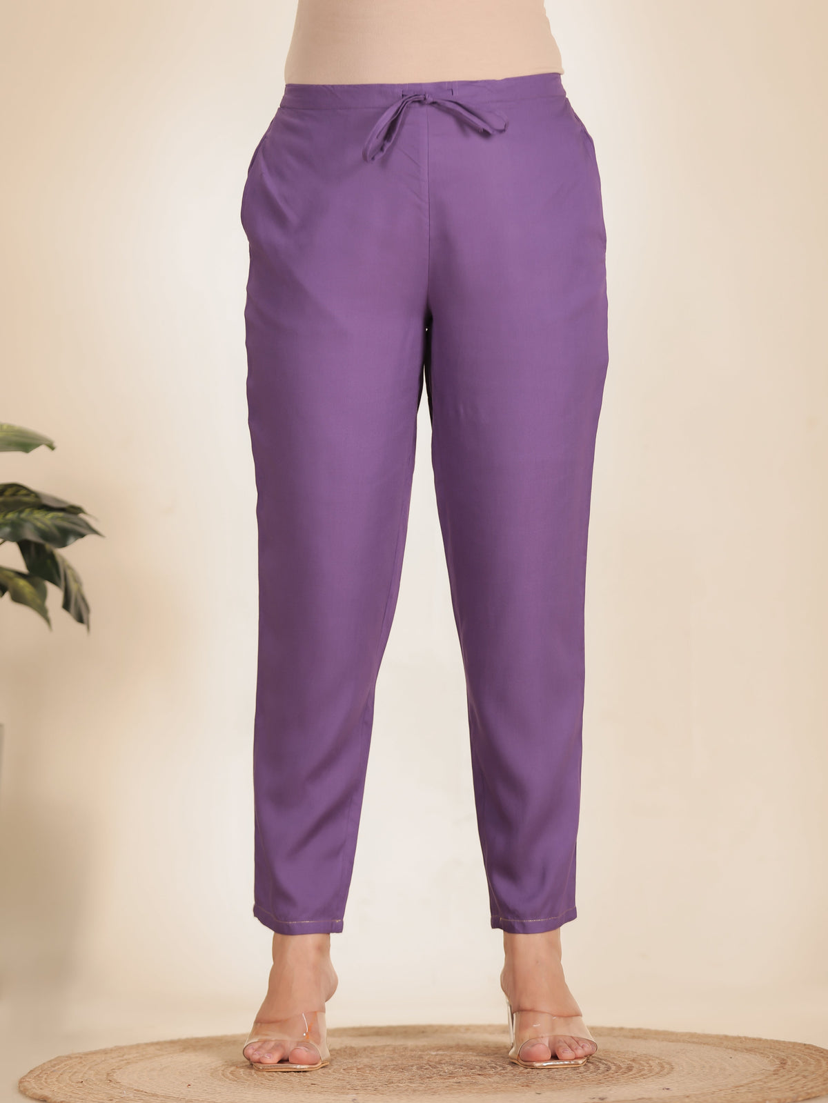 Embroidered Viscose Solid Purple Tapered Trousers