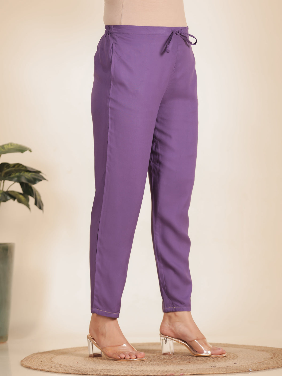 Embroidered Viscose Solid Purple Tapered Trousers