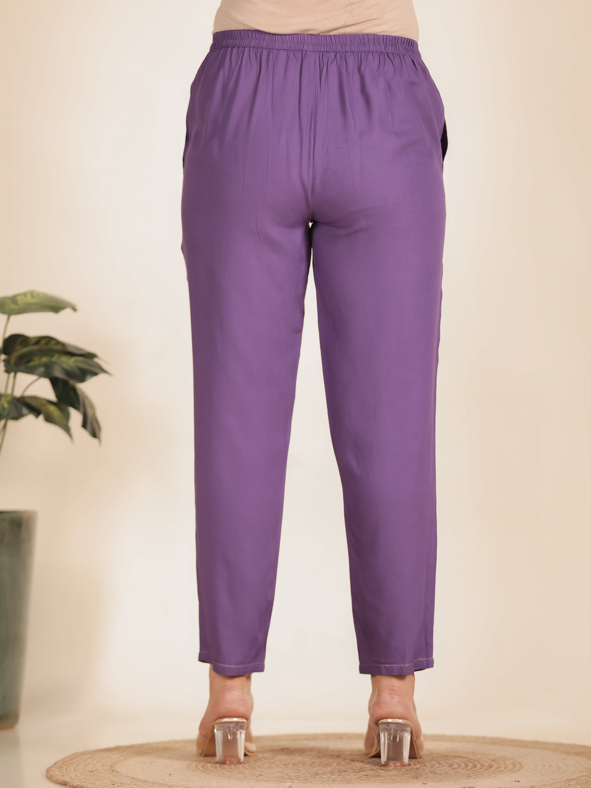 Embroidered Viscose Solid Purple Tapered Trousers