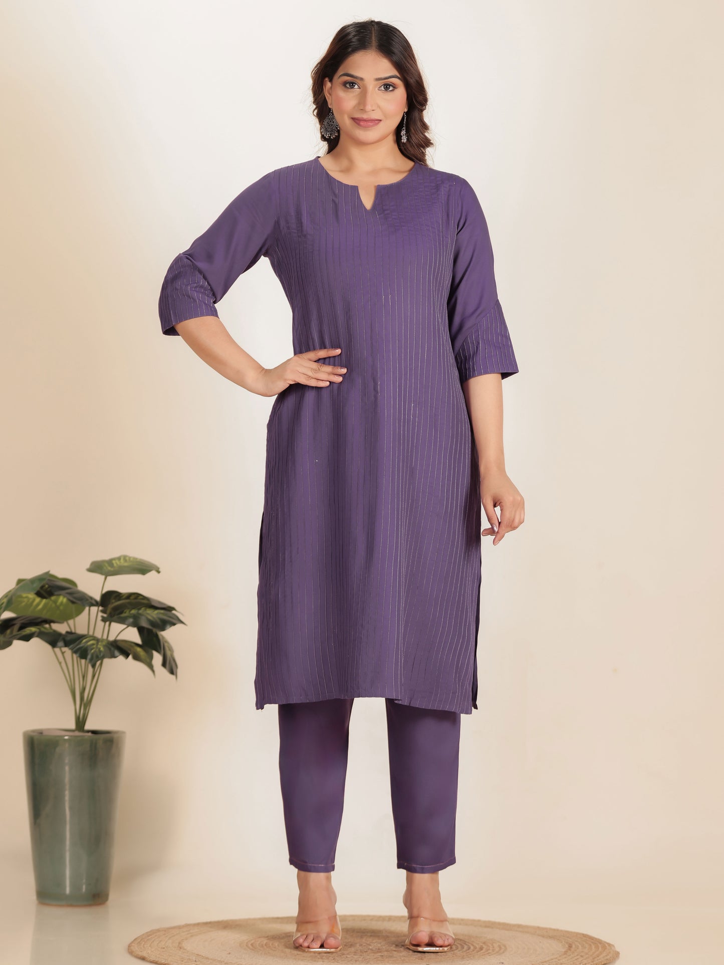 Viscose Solid Straight Purple Kurta
