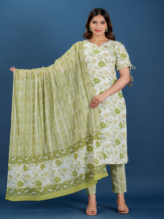 Soft Cotton Floral Straight Green Kurta