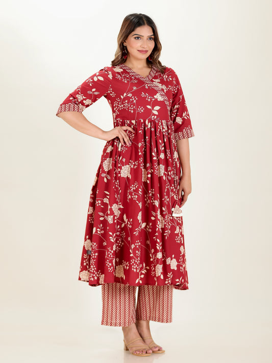 Soft Cotton Floral Angrakha Maroon Kurta