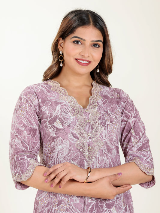 Soft Cotton Floral Straight Purple Kurta