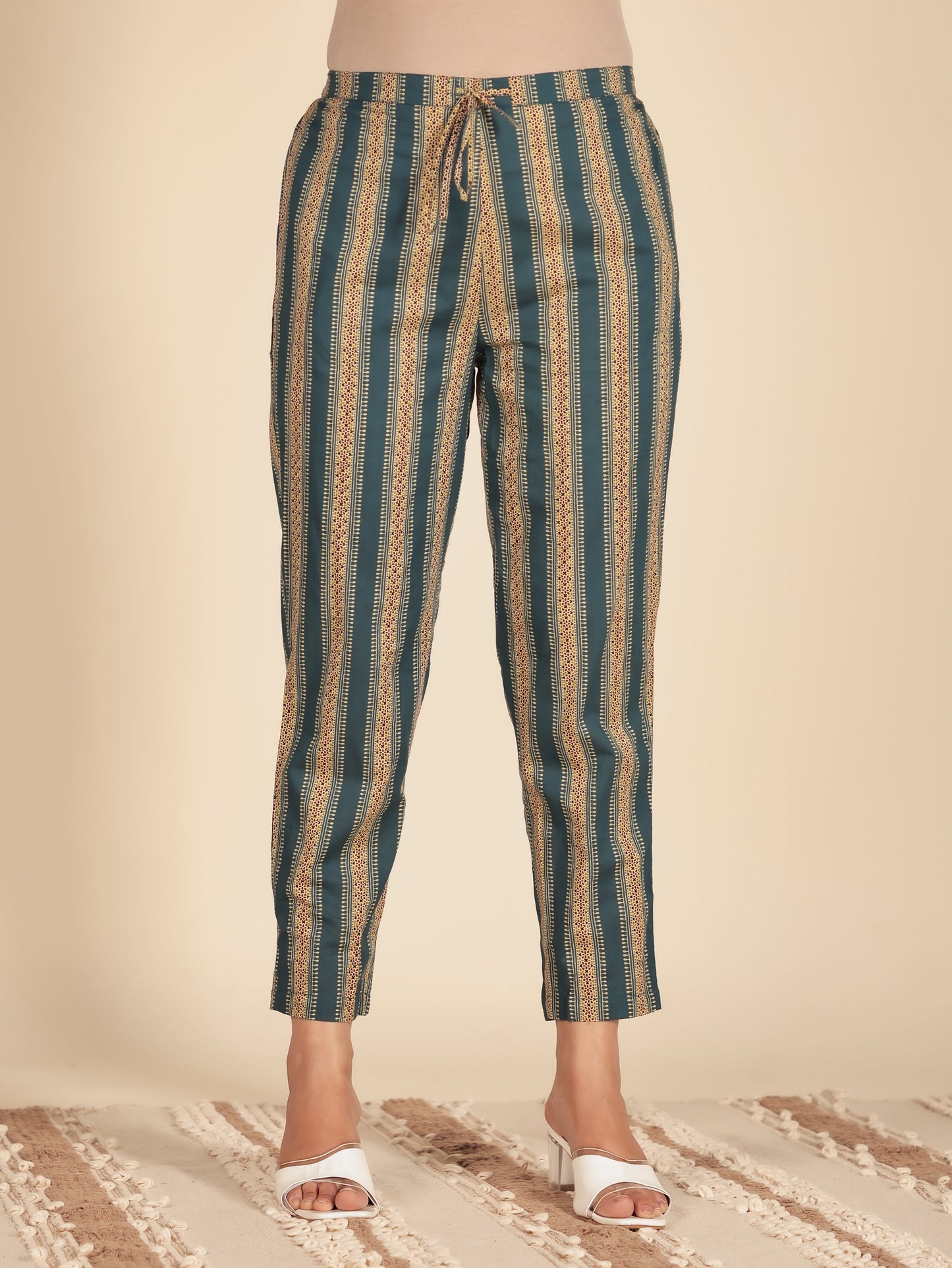 Soft Cotton Geometric Teal Tapered Trousers