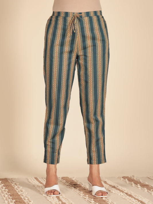 Soft Cotton Geometric Teal Tapered Trousers