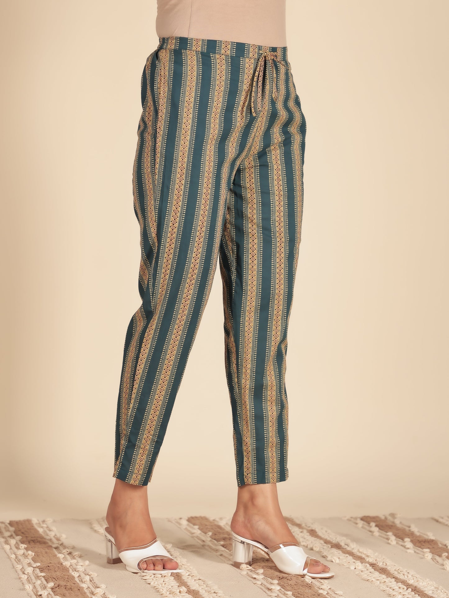 Soft Cotton Geometric Teal Tapered Trousers