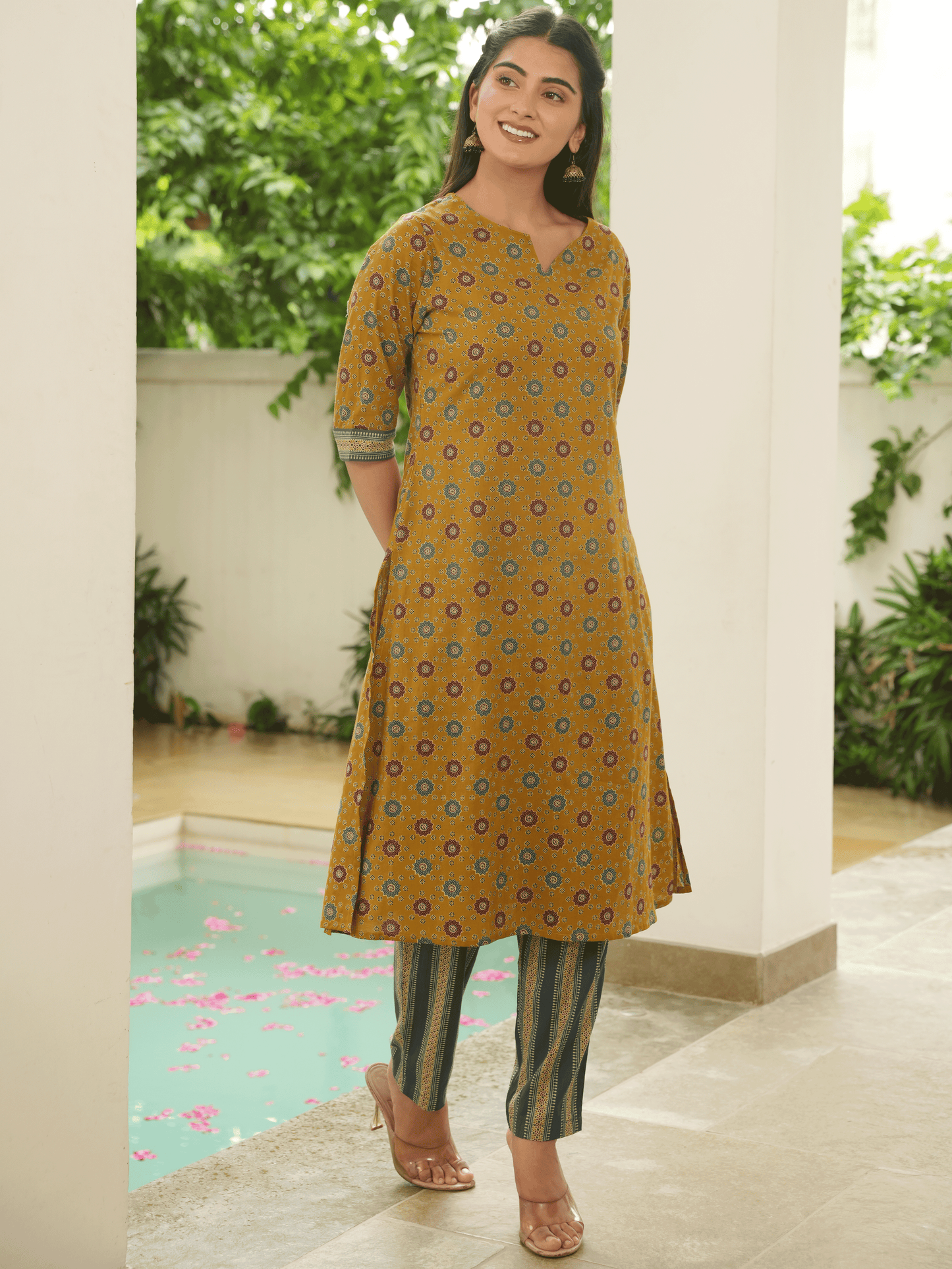Soft Cotton Geometric A-line Mustard Kurta
