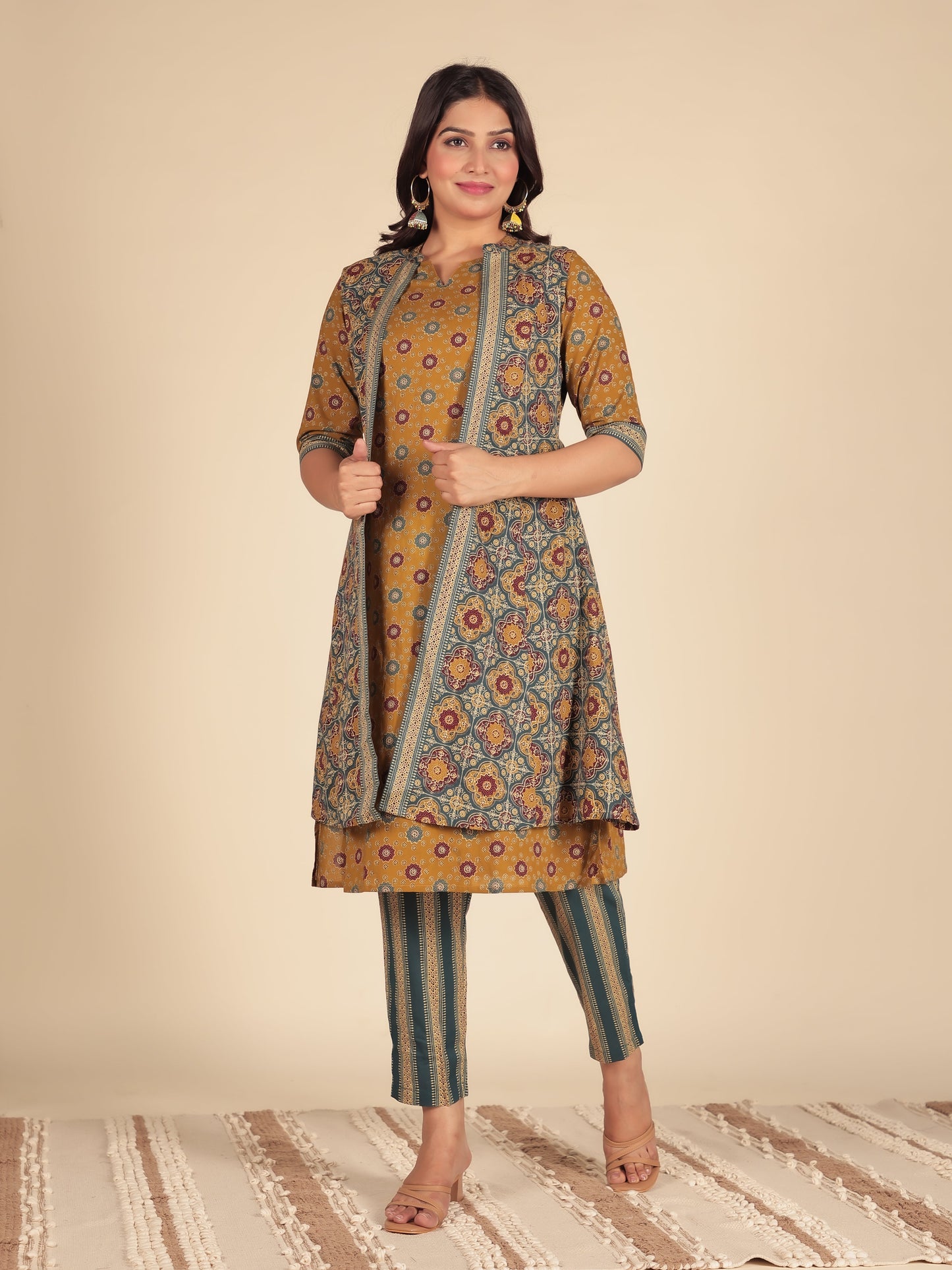 Soft Cotton Geometric A-line Mustard Kurta