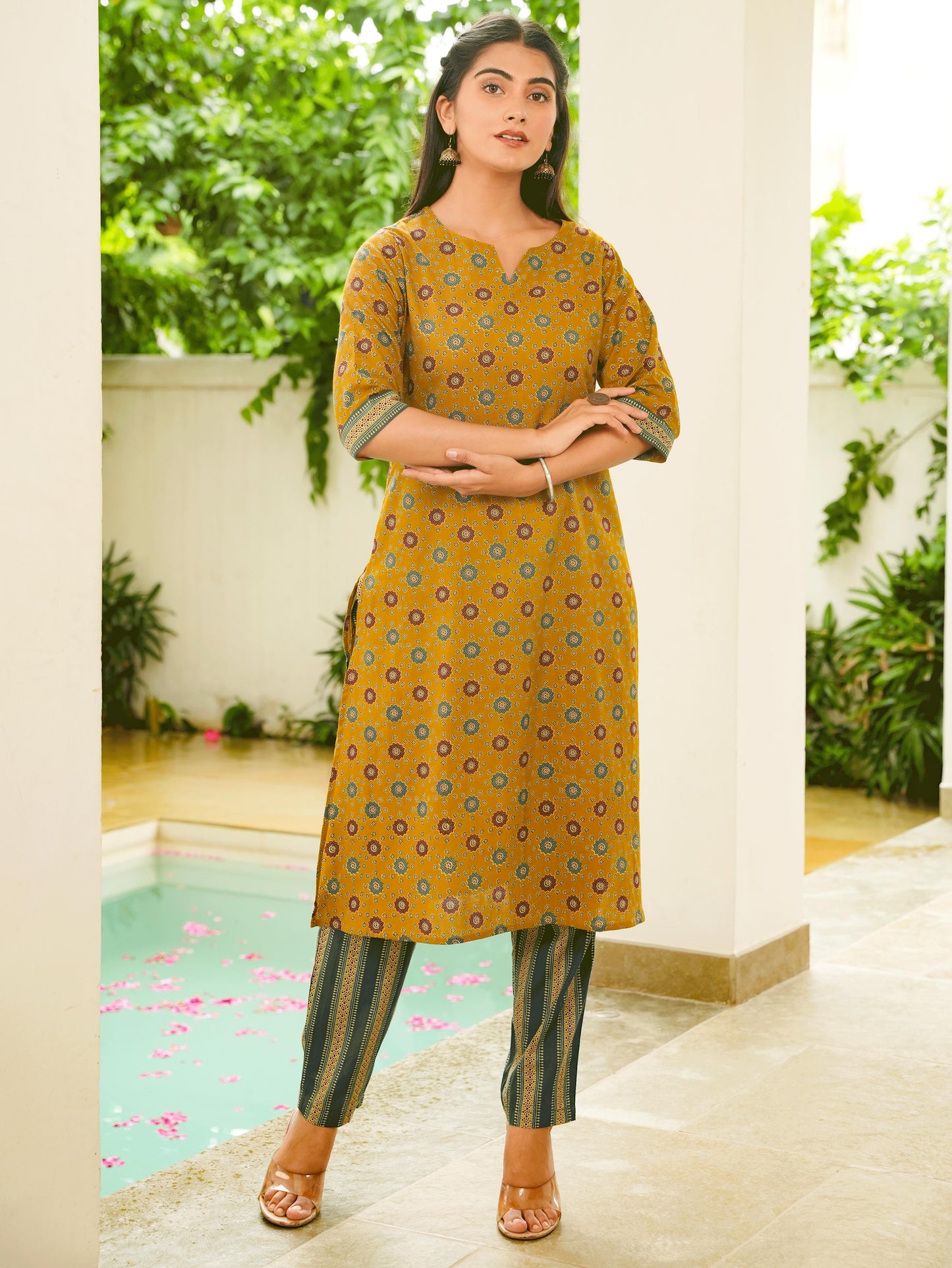Soft Cotton Geometric A-line Mustard Kurta