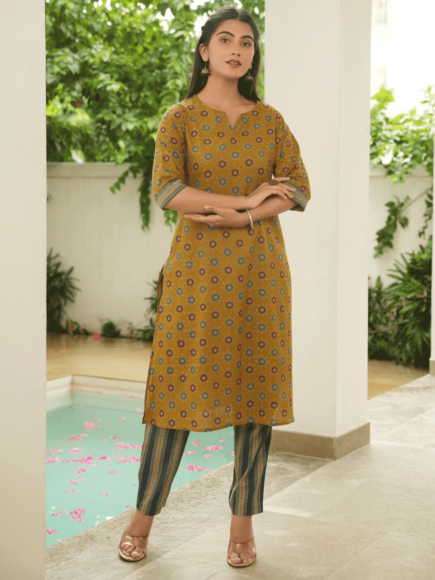 Soft Cotton Geometric A-line Mustard Kurta