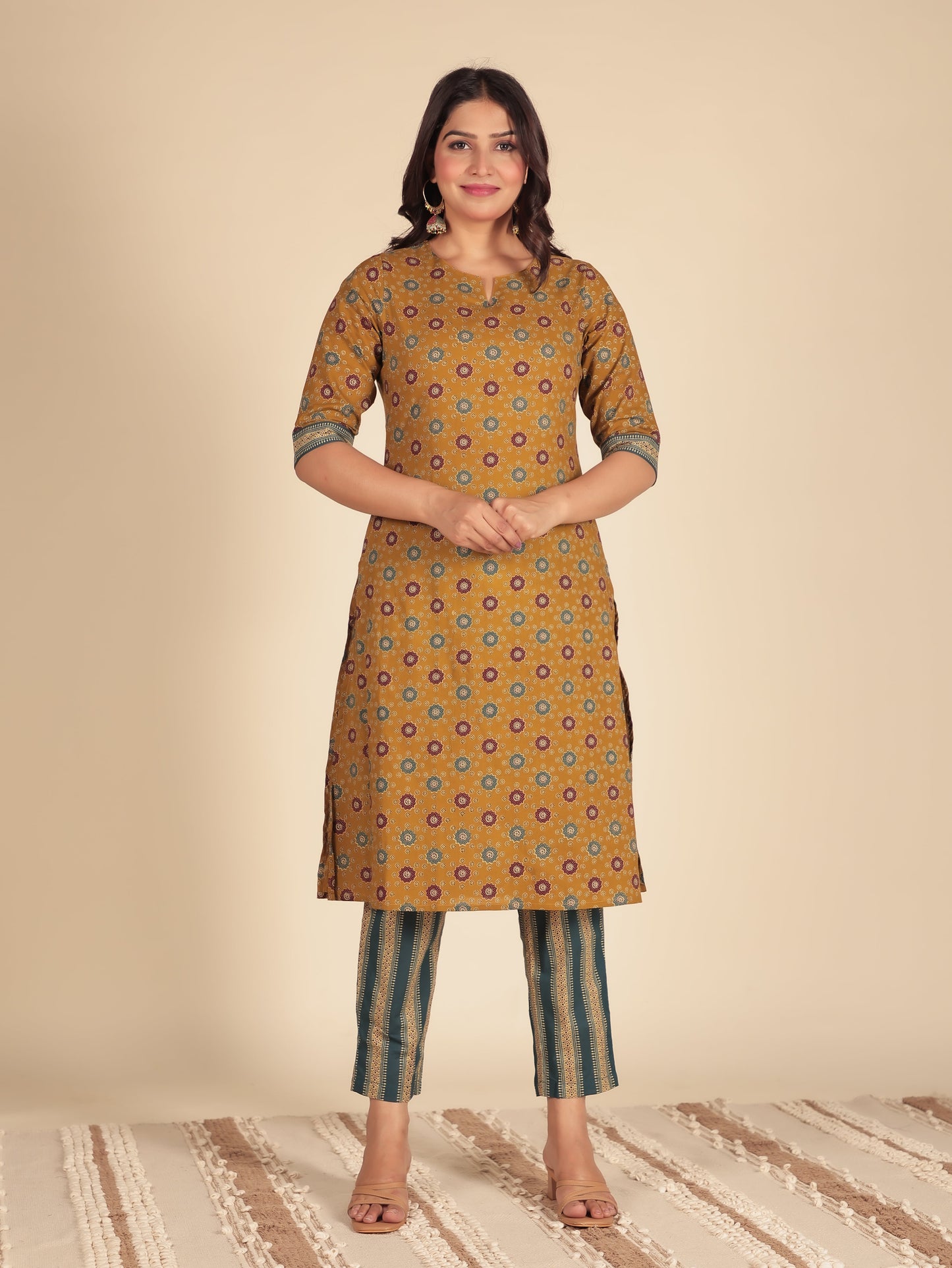 Soft Cotton Geometric A-line Mustard Kurta