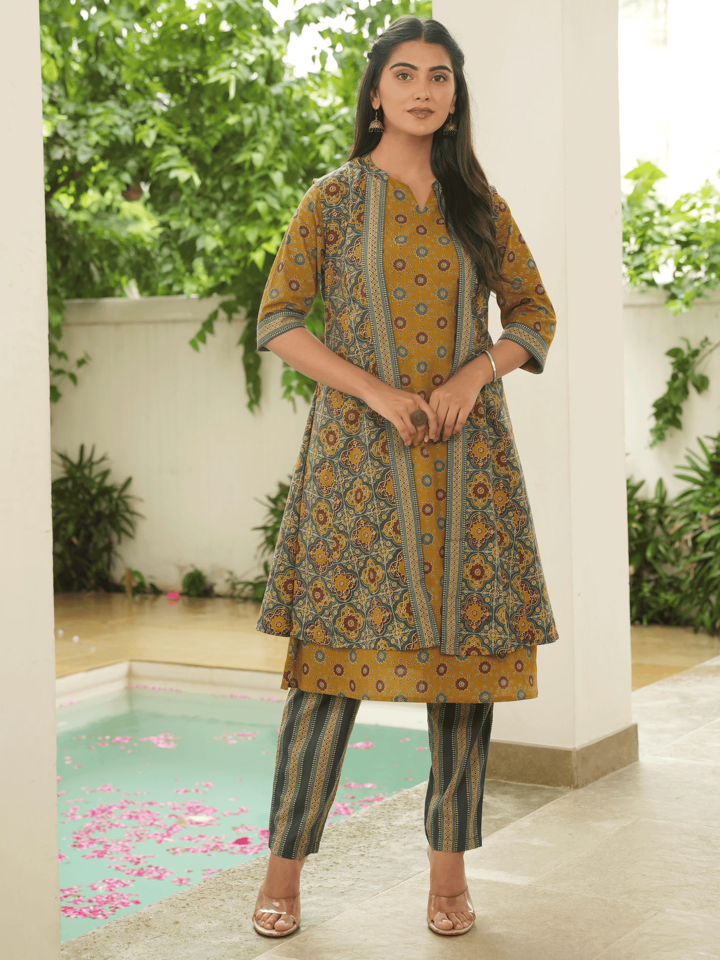 Soft Cotton Geometric A-line Mustard Kurta