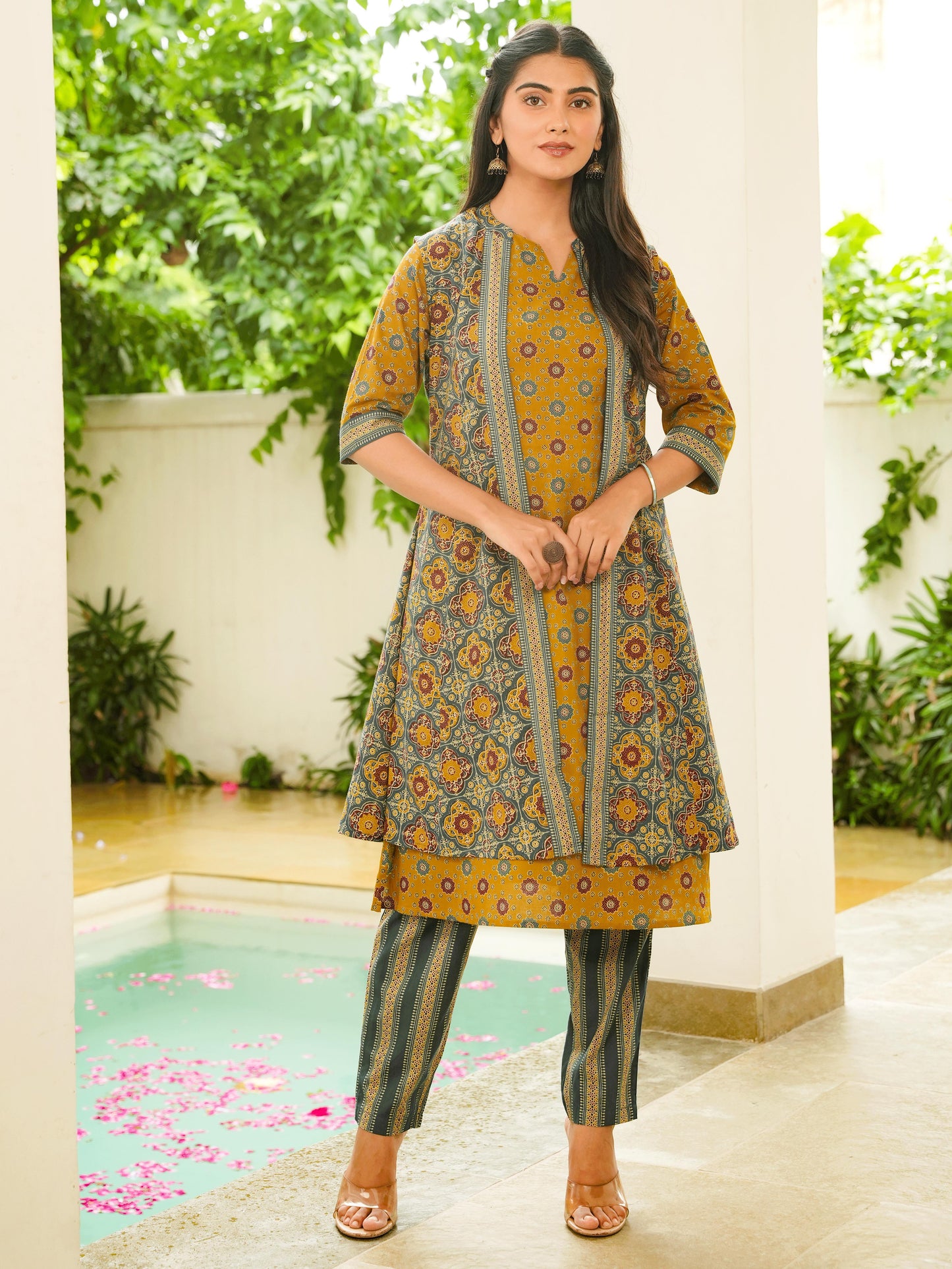 Soft Cotton Geometric A-line Mustard Kurta