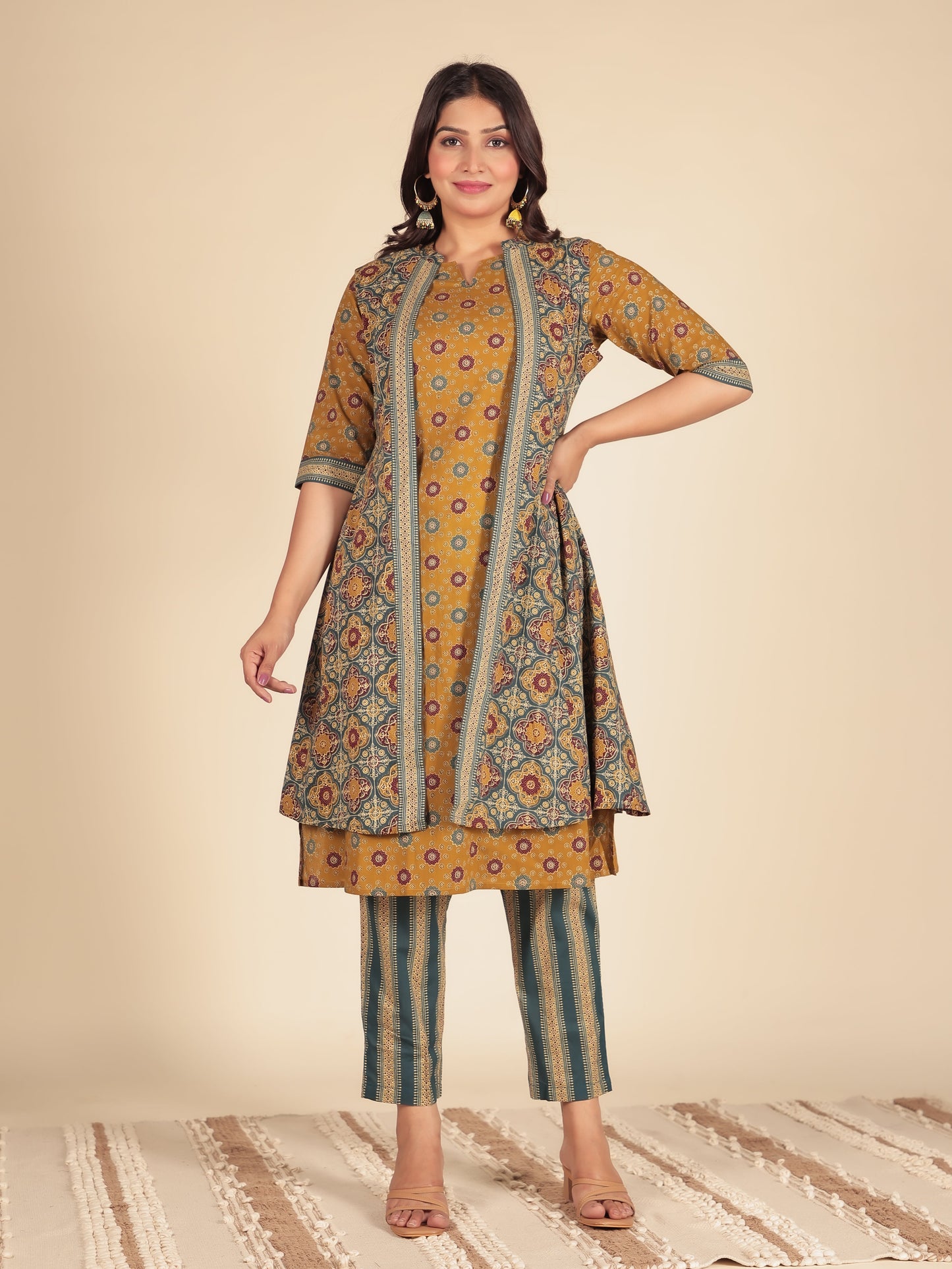 Soft Cotton Geometric A-line Mustard Kurta