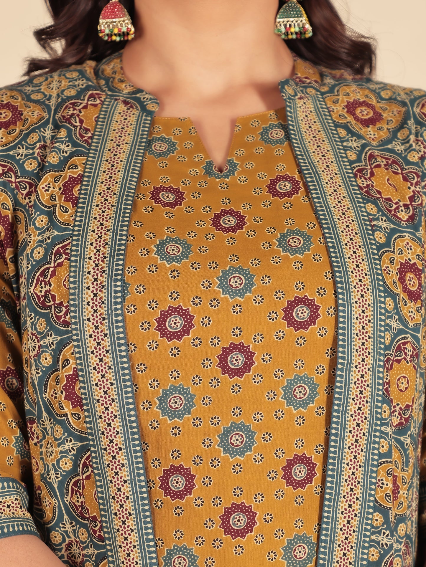 Soft Cotton Geometric A-line Mustard Kurta