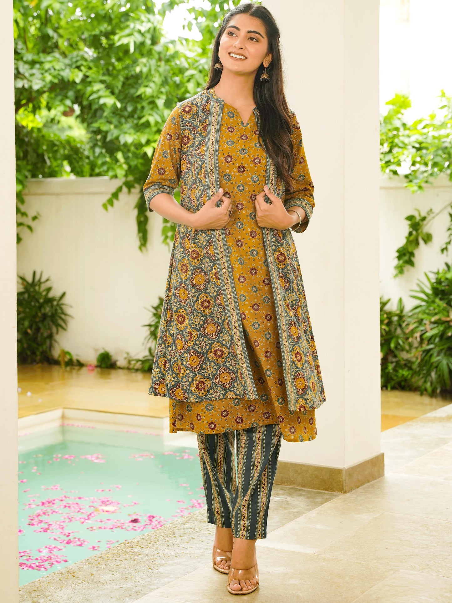 Soft Cotton Geometric A-line Mustard Kurta