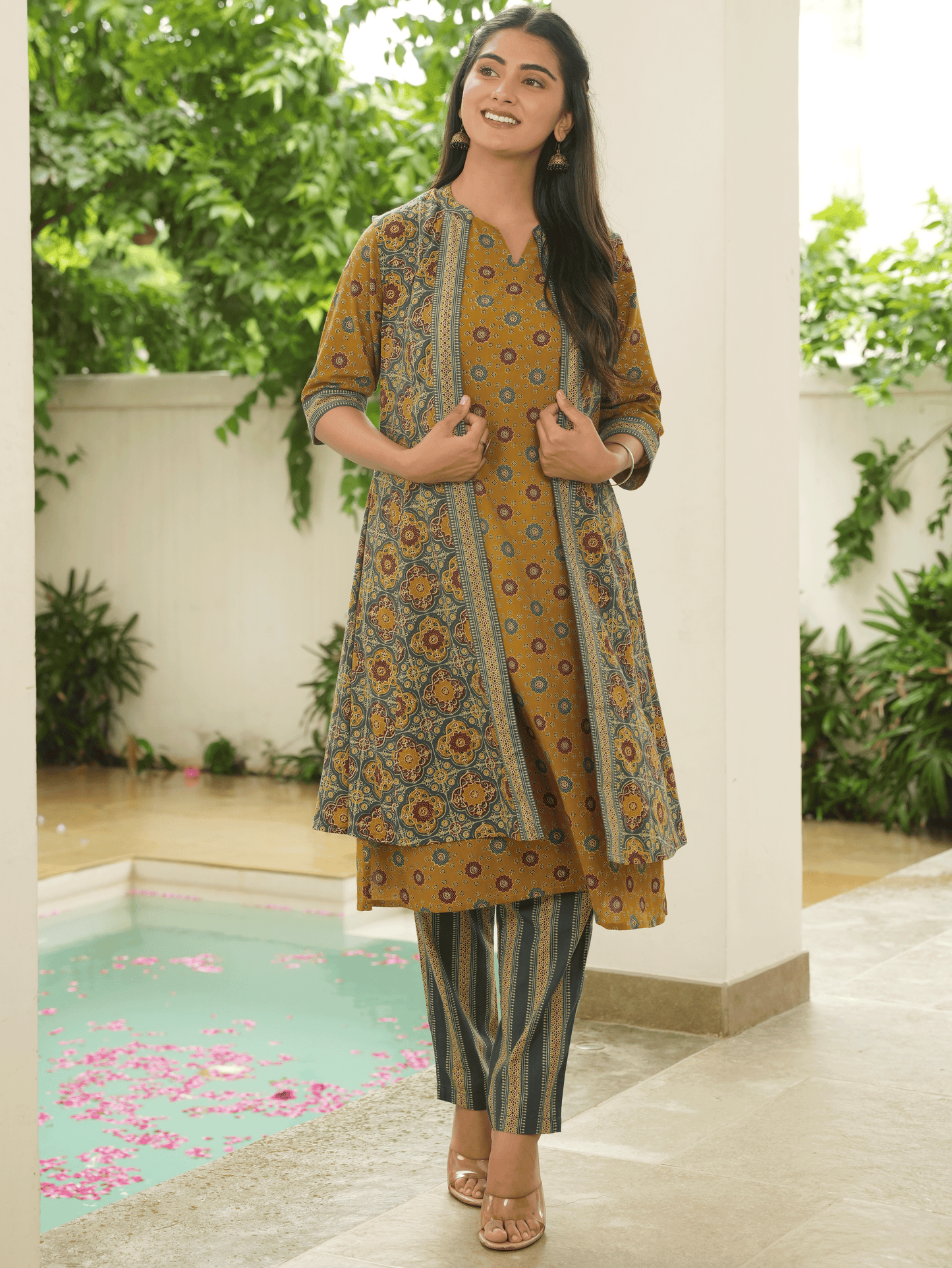 Soft Cotton Geometric A-line Mustard Kurta