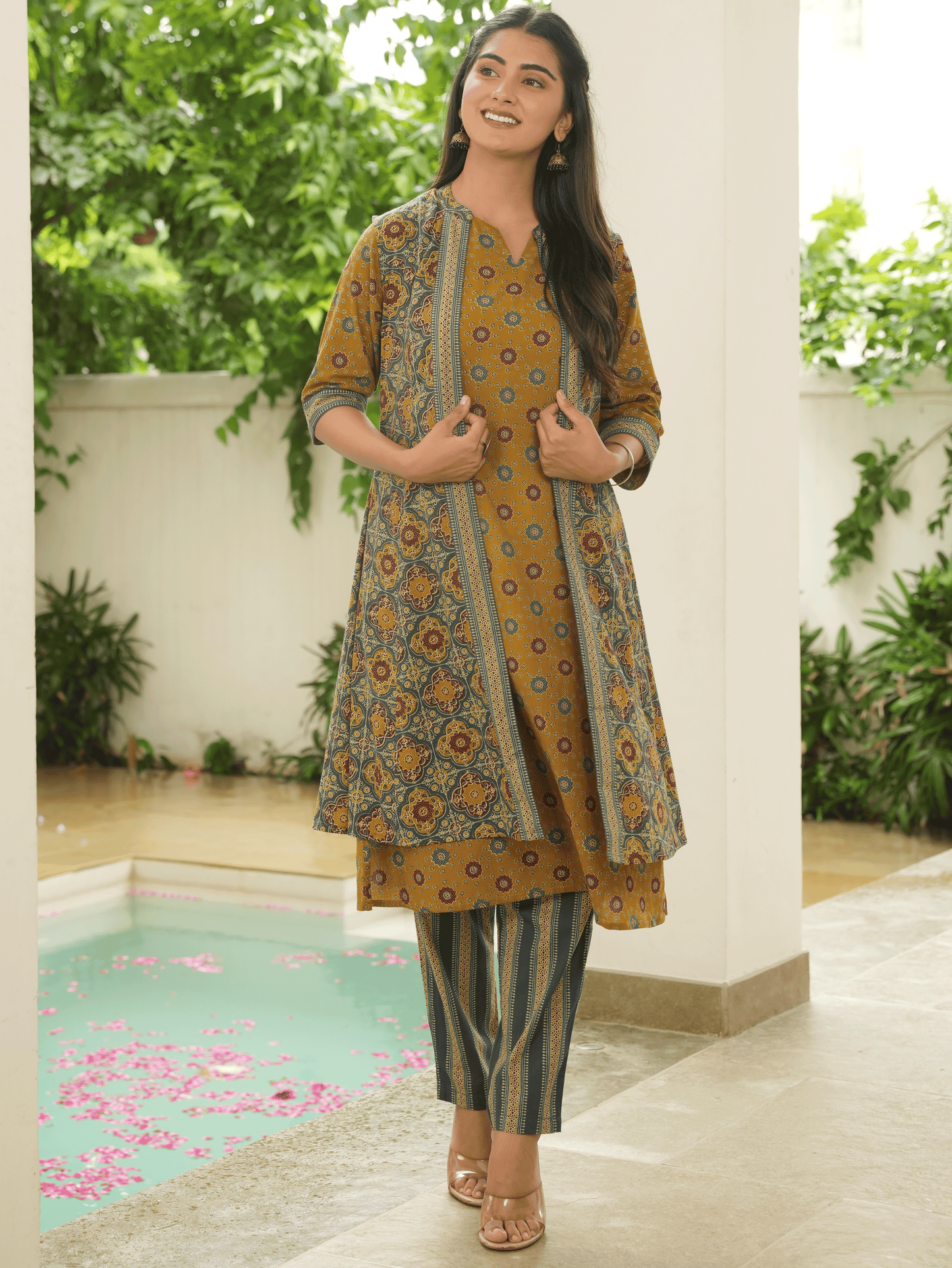 Soft Cotton Geometric A-line Mustard Kurta