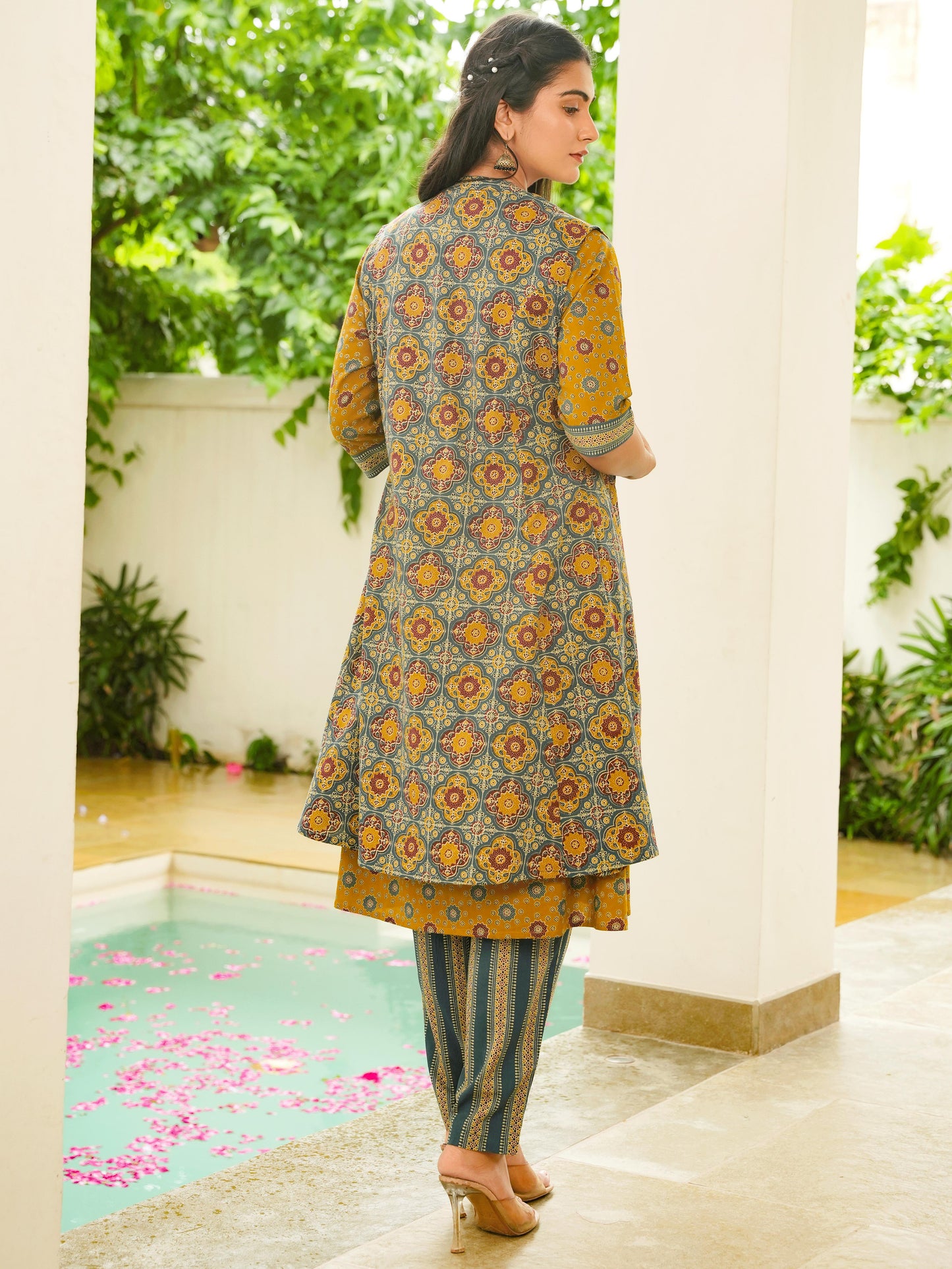 Soft Cotton Geometric A-line Mustard Kurta