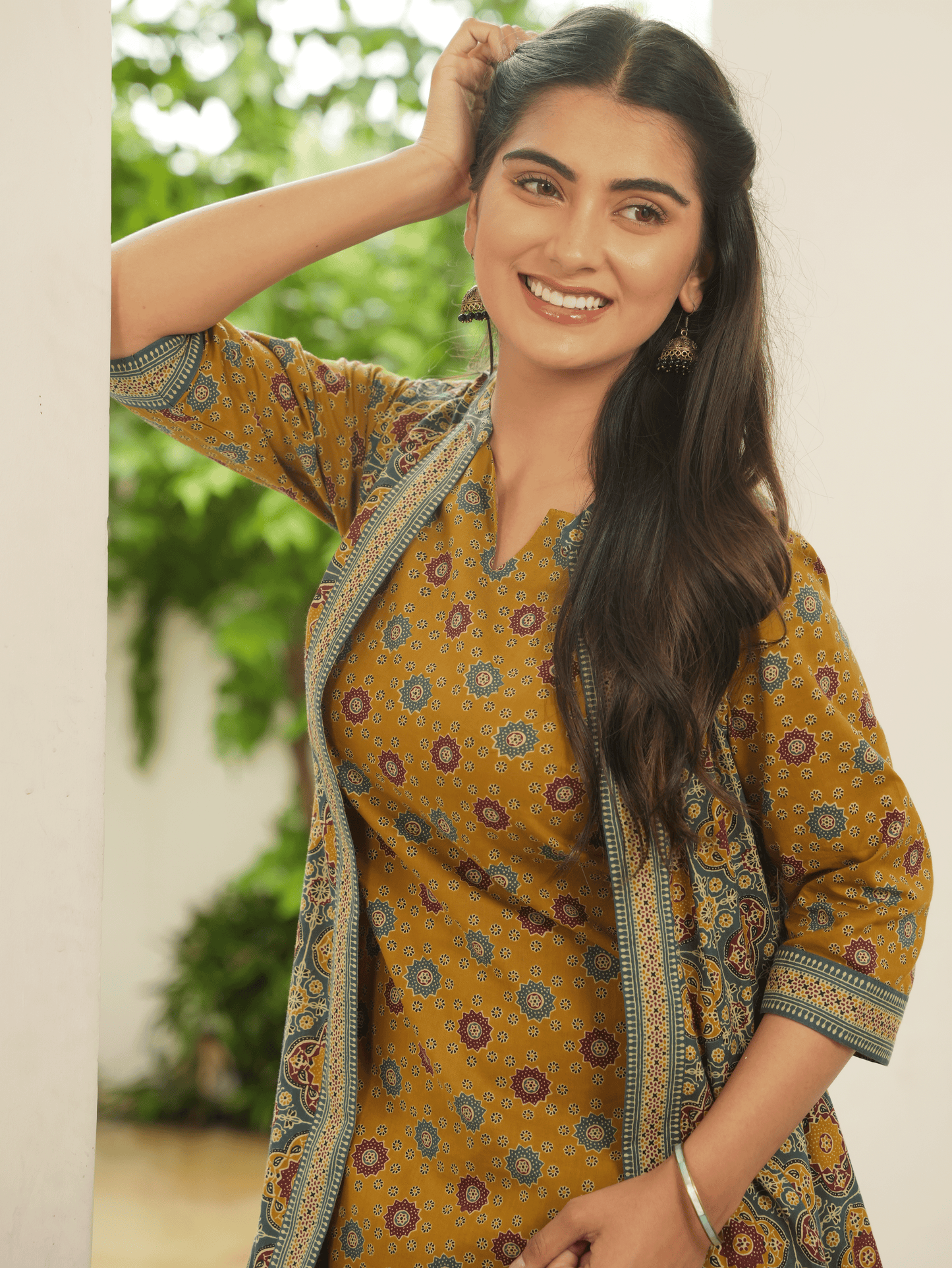 Soft Cotton Geometric A-line Mustard Kurta