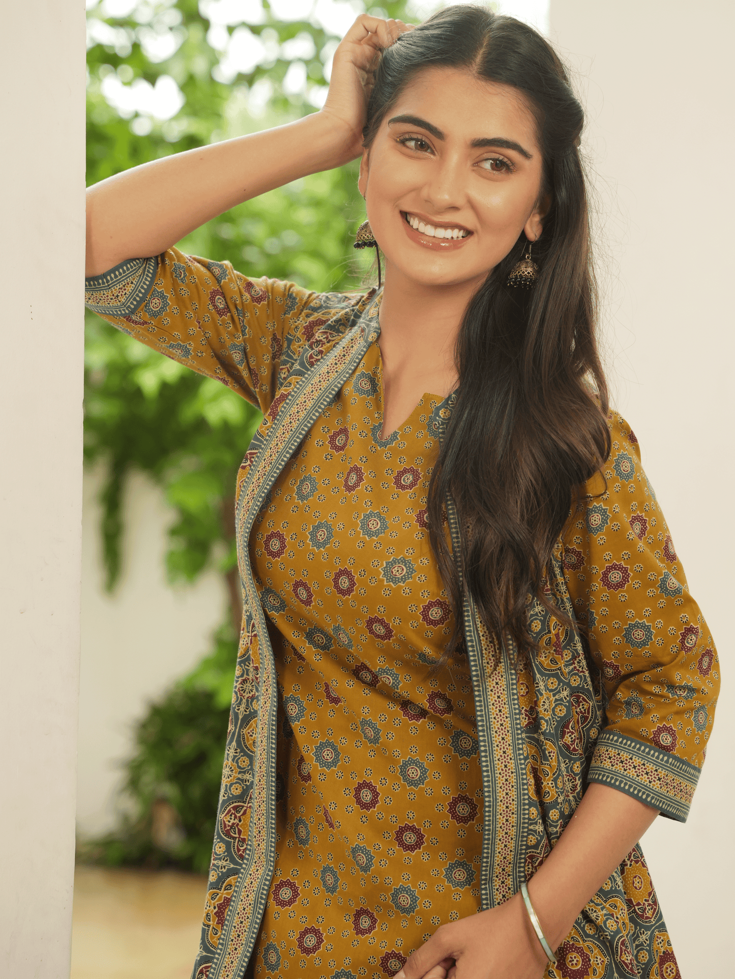 Soft Cotton Geometric A-line Mustard Kurta