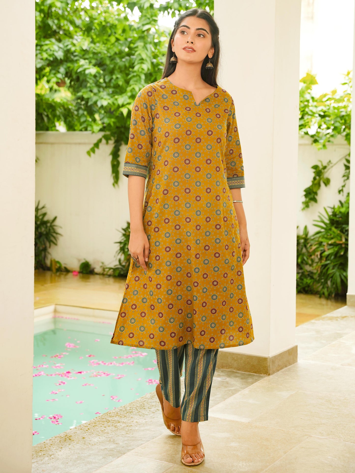 Soft Cotton Geometric A-line Mustard Kurta