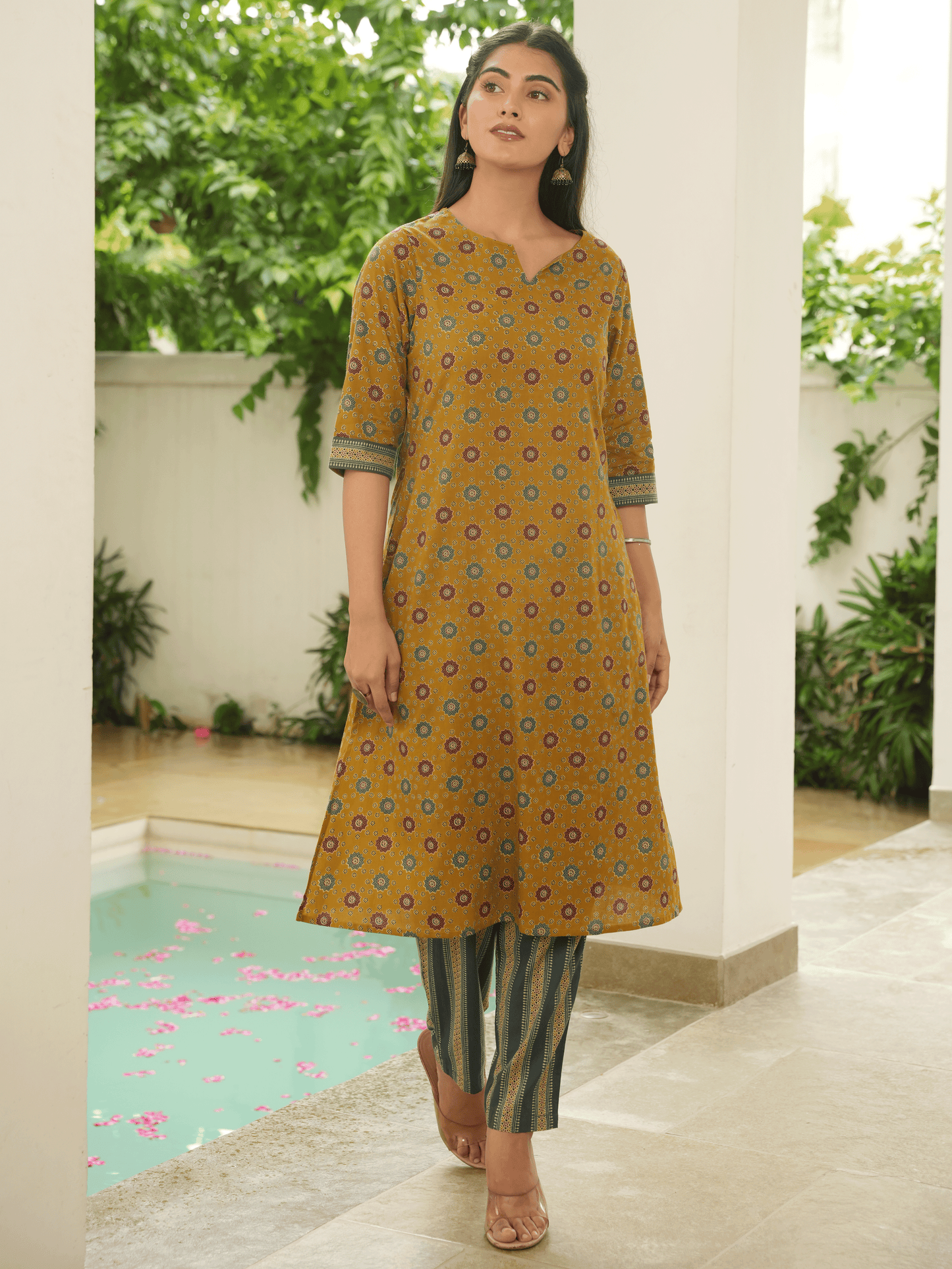 Soft Cotton Geometric A-line Mustard Kurta