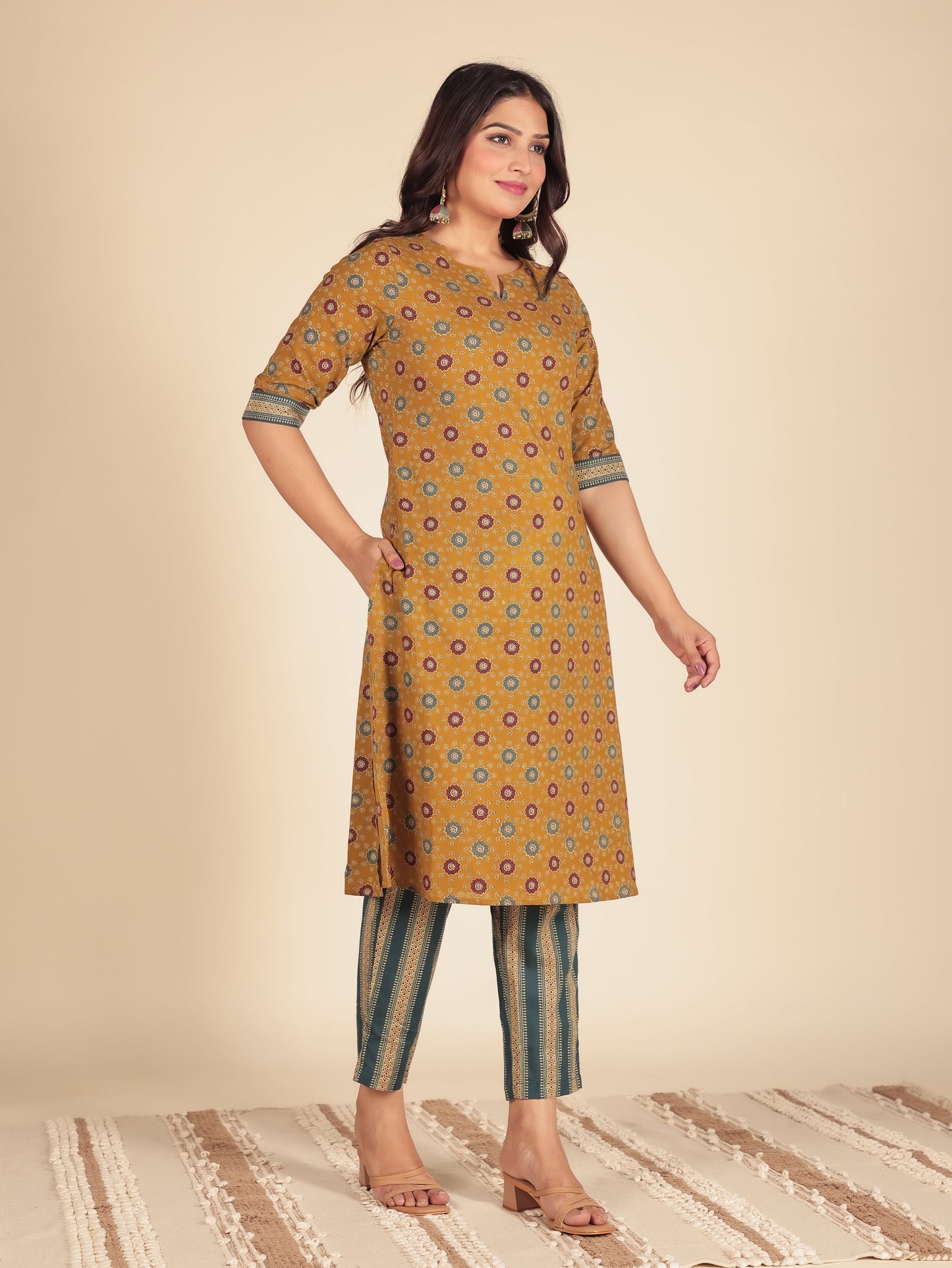 Soft Cotton Geometric A-line Mustard Kurta
