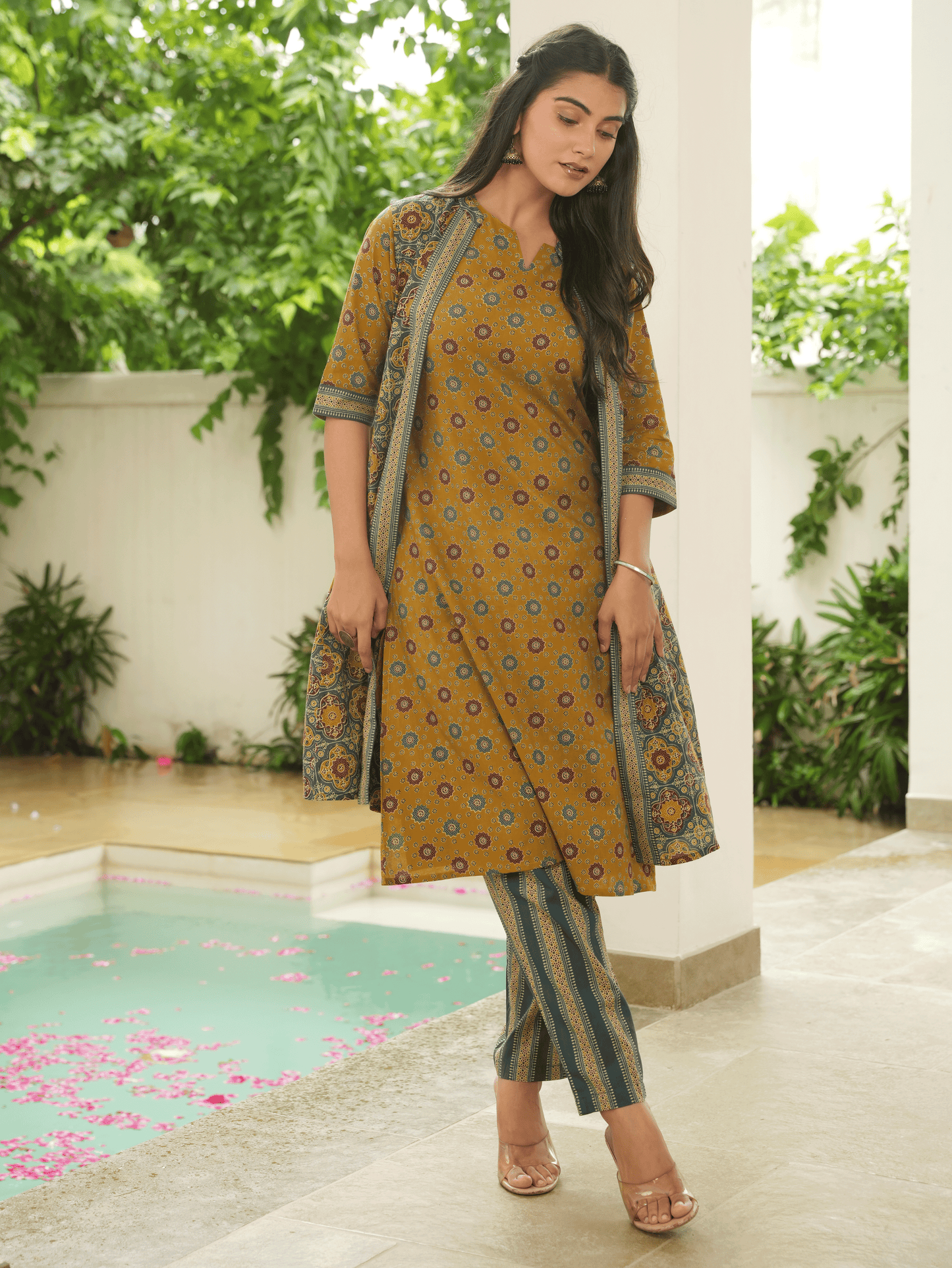 Soft Cotton Geometric A-line Mustard Kurta