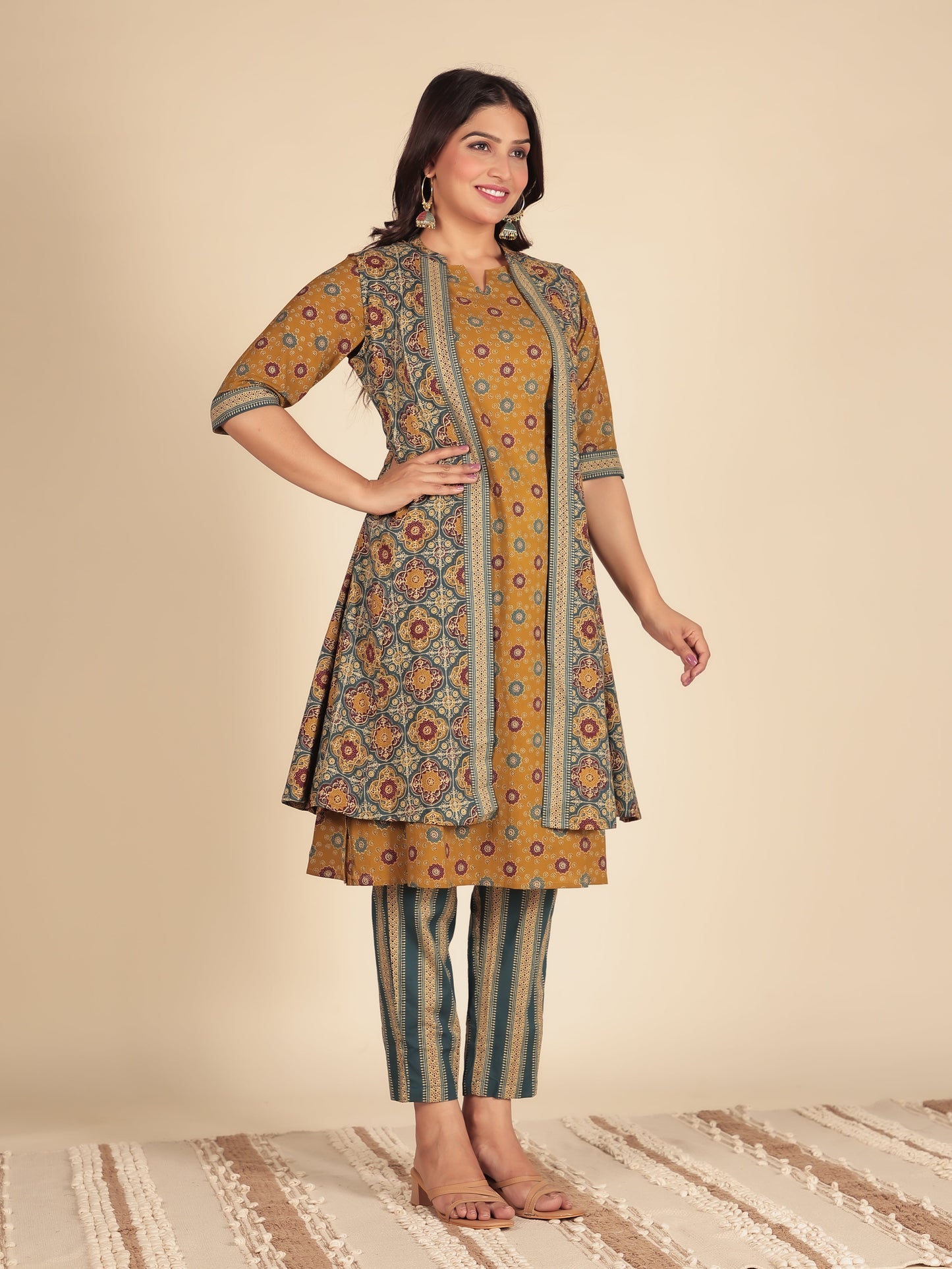 Soft Cotton Geometric A-line Mustard Kurta