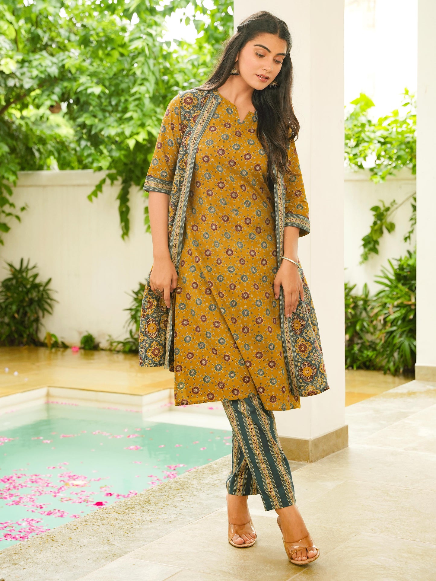 Soft Cotton Geometric A-line Mustard Kurta