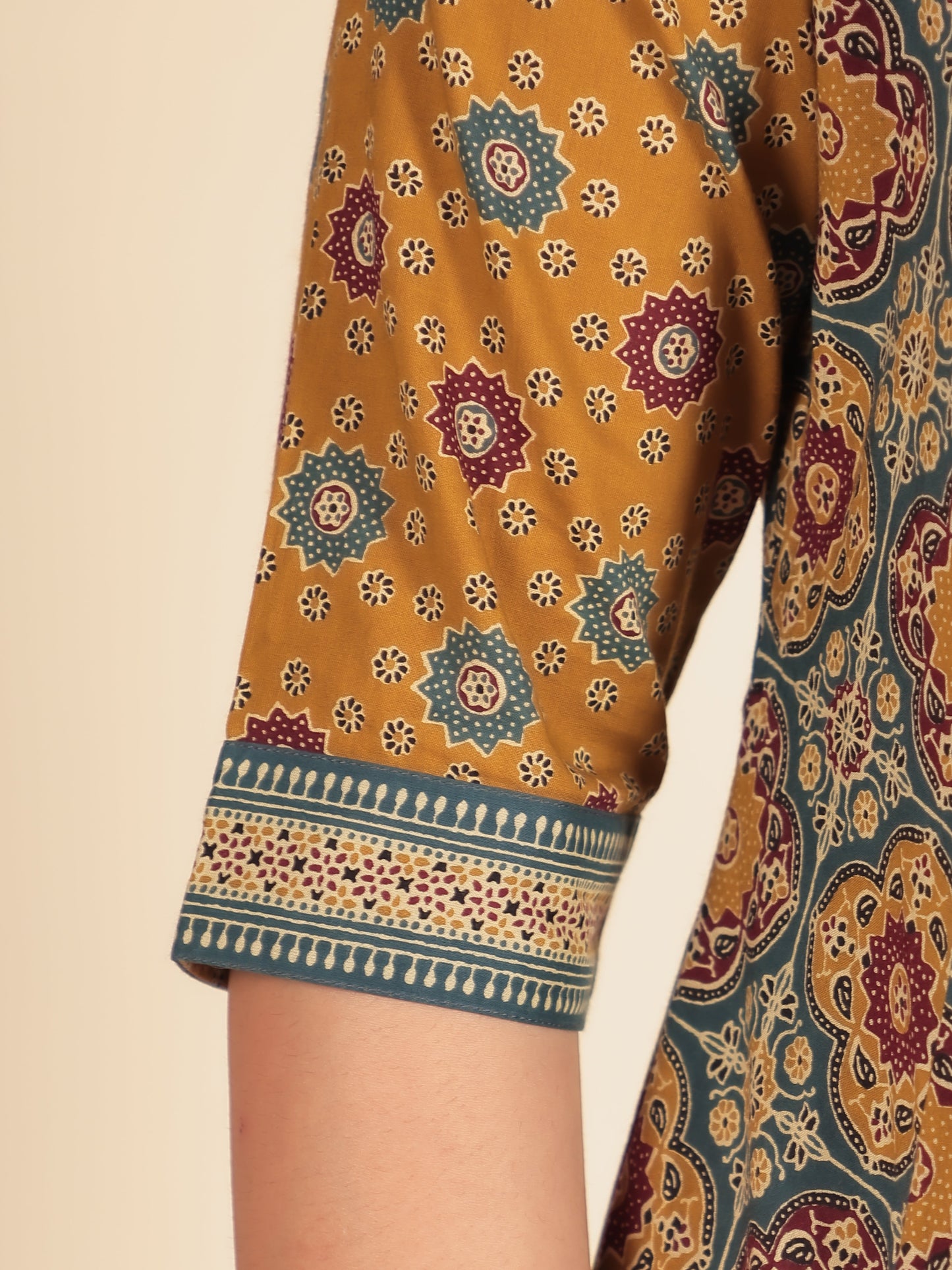 Soft Cotton Geometric A-line Mustard Kurta