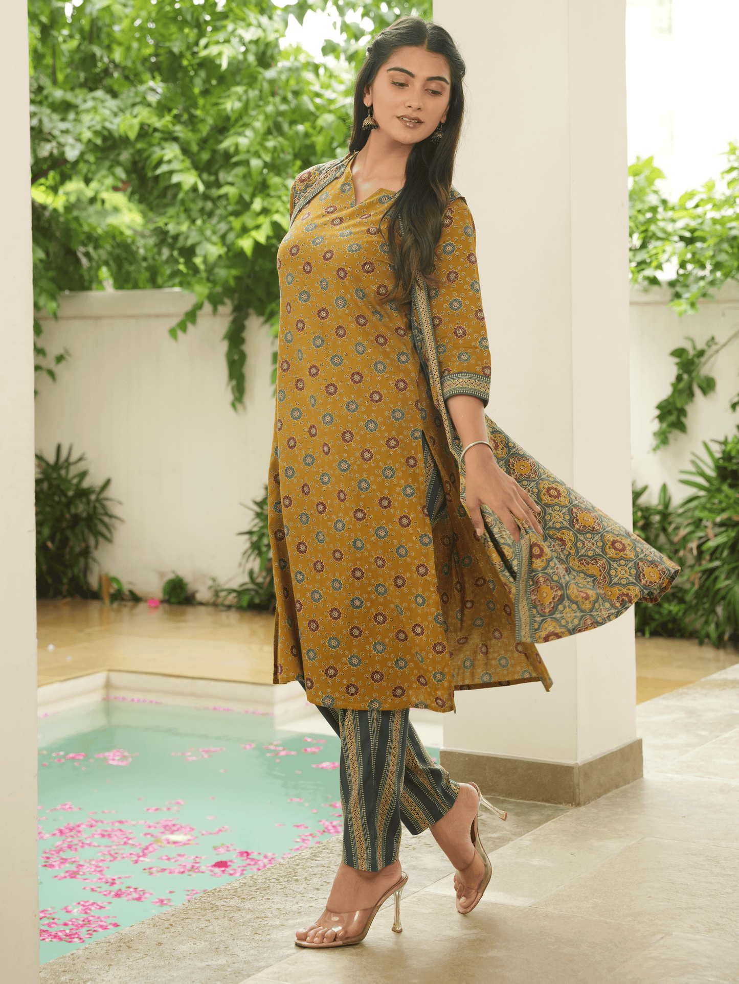 Soft Cotton Geometric A-line Mustard Kurta
