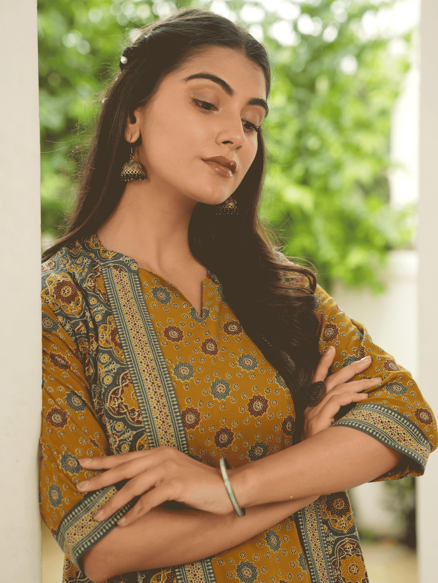 Soft Cotton Geometric A-line Mustard Kurta