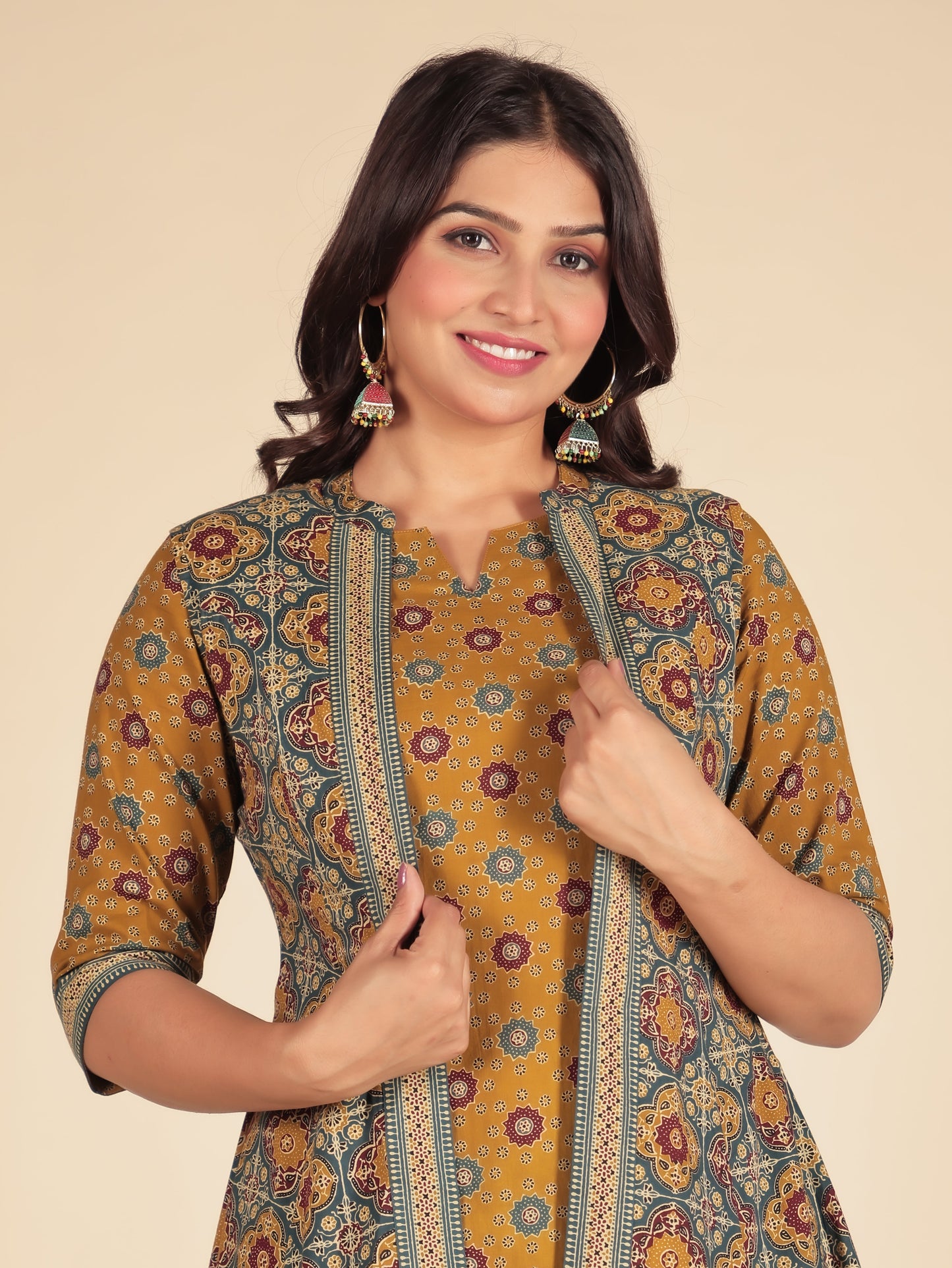 Soft Cotton Geometric A-line Mustard Kurta