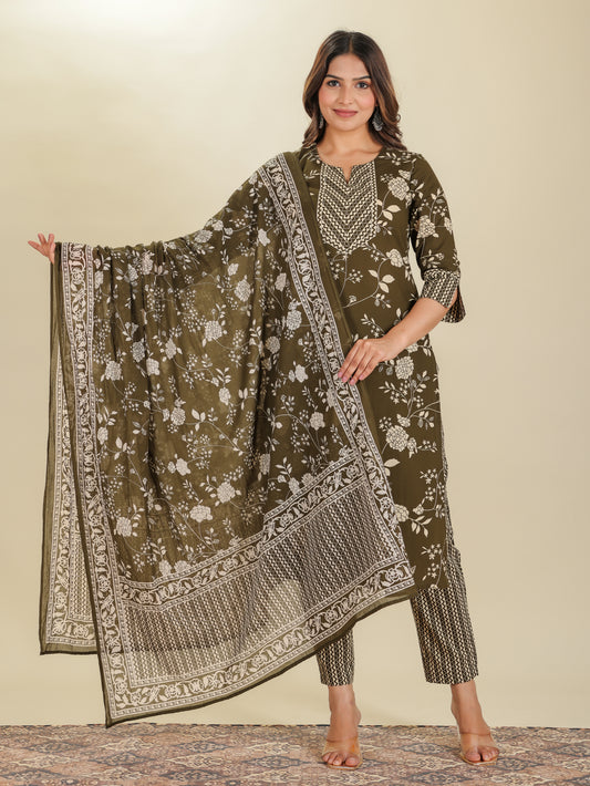 Soft Cotton Floral Straight Green Kurta