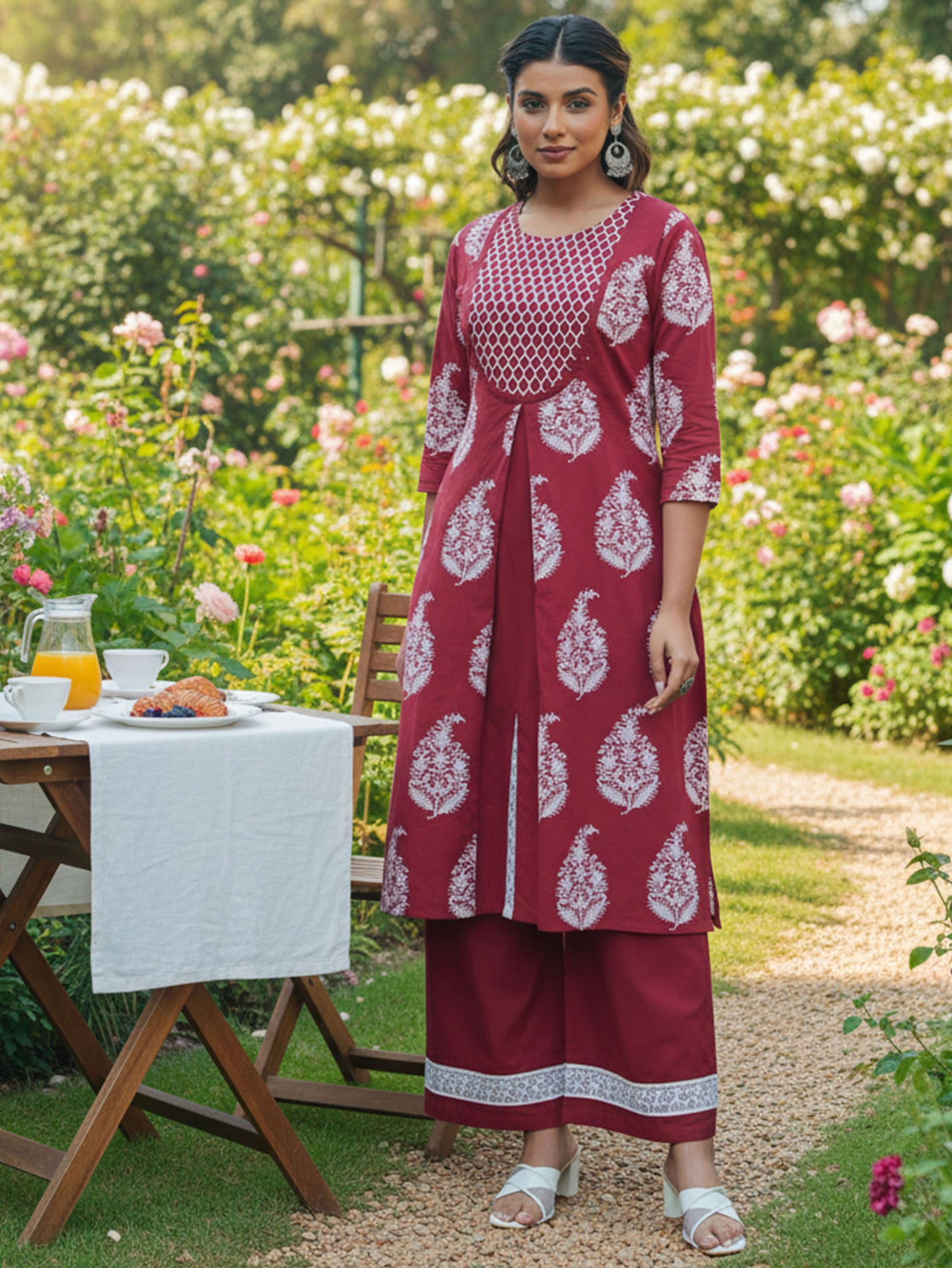 Embroidered Soft Cotton Floral A-line Maroon Kurta