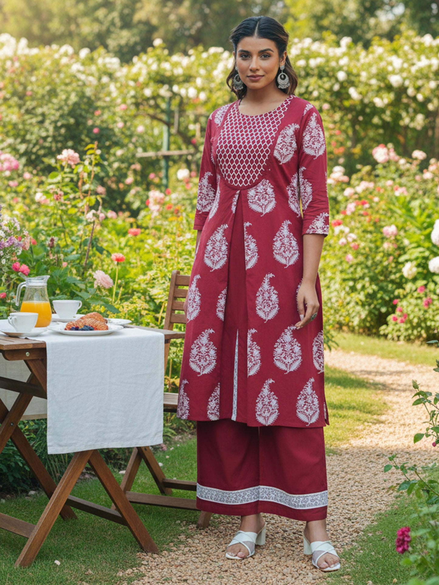 Embroidered Soft Cotton Floral A-line Maroon Kurta