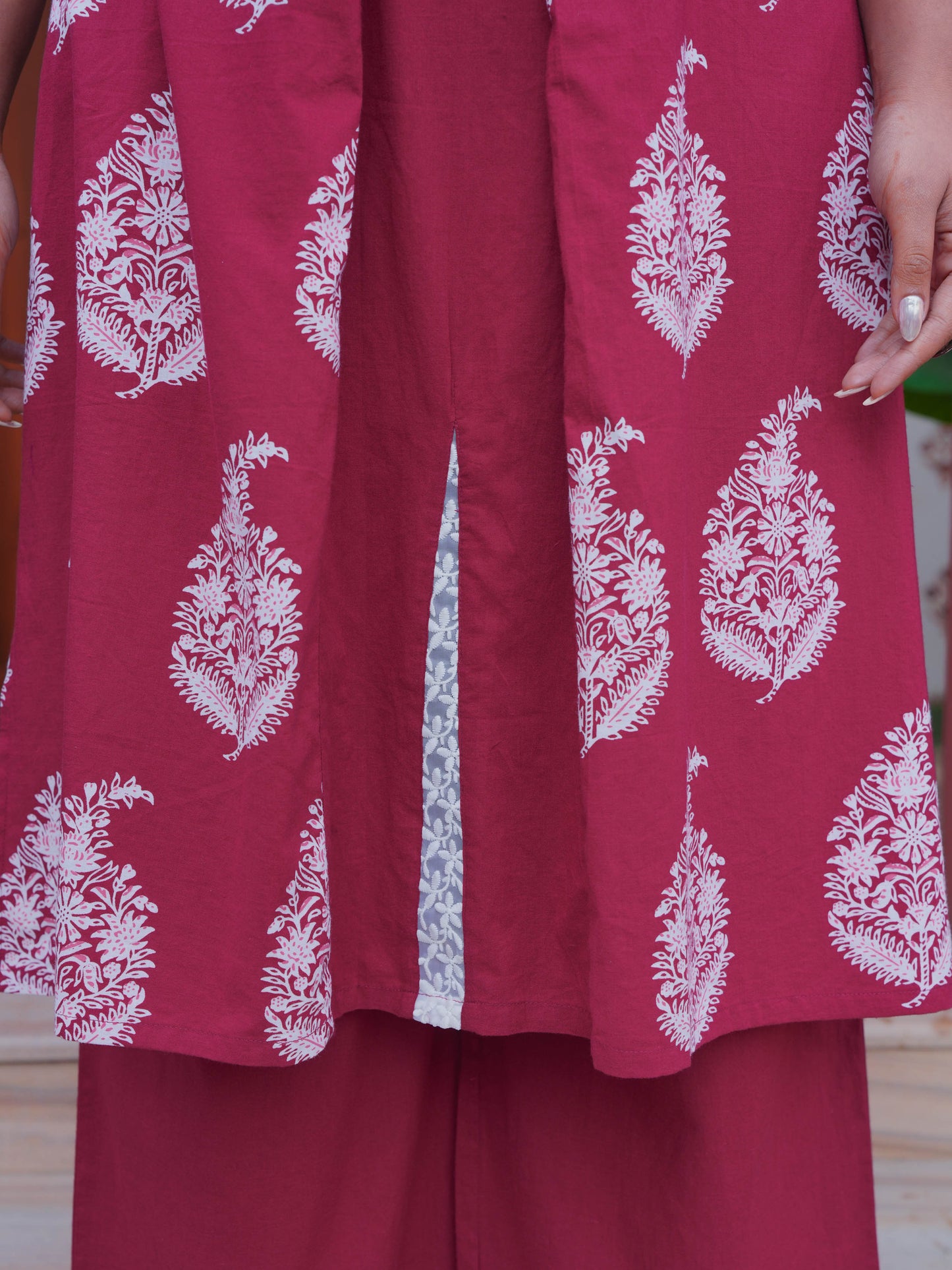 Embroidered Soft Cotton Floral A-line Maroon Kurta