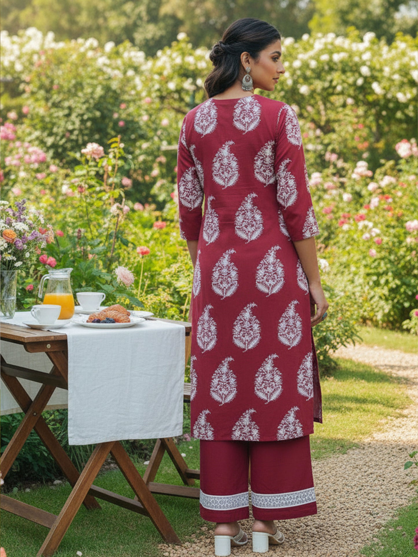 Embroidered Soft Cotton Floral A-line Maroon Kurta