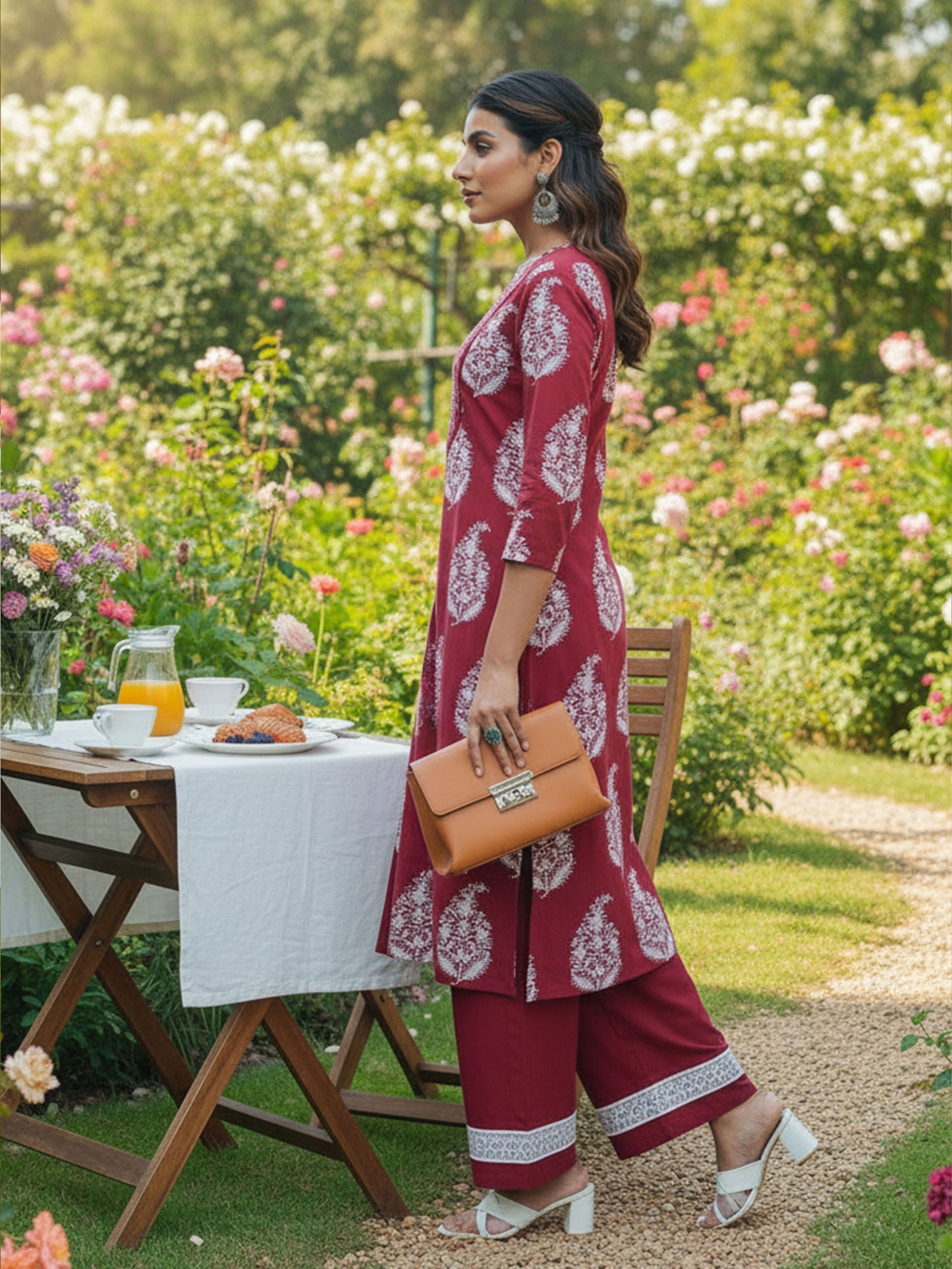 Embroidered Soft Cotton Floral A-line Maroon Kurta