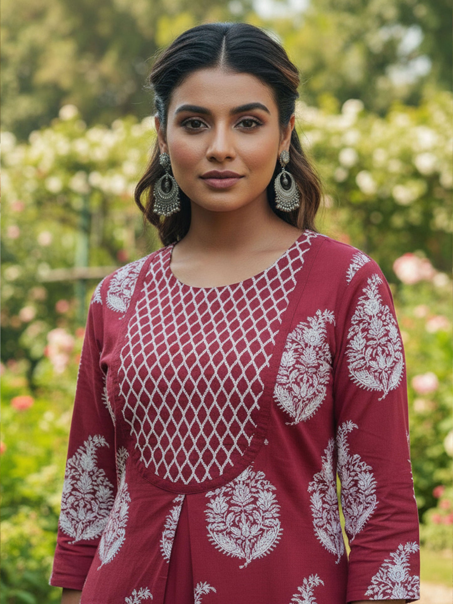 Embroidered Soft Cotton Floral A-line Maroon Kurta