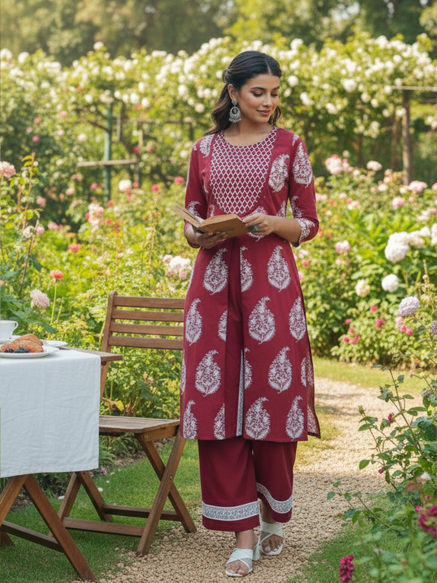 Embroidered Soft Cotton Floral A-line Maroon Kurta
